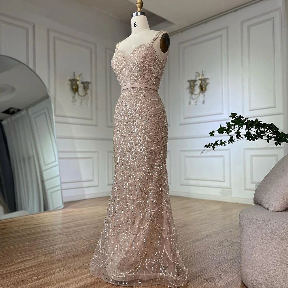 Elegant Dubai Beaded Nude Spaghetti Strap Mermaid Gown with Detachable Long Sleeve Jacket - Formal Evening Dress for Prom, Wedding & Gala Events LA72160C