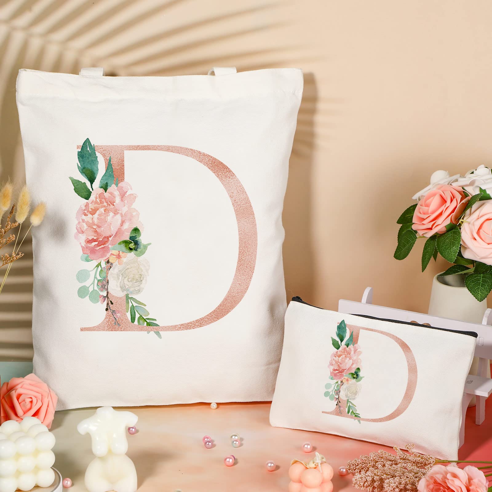 Personalized Floral Monogram Canvas Tote Bags for Women - 2 Pack Initial Cosmetic & Travel Bags - Wedding, Bridal Shower, Beach Day & Shopping Essentials