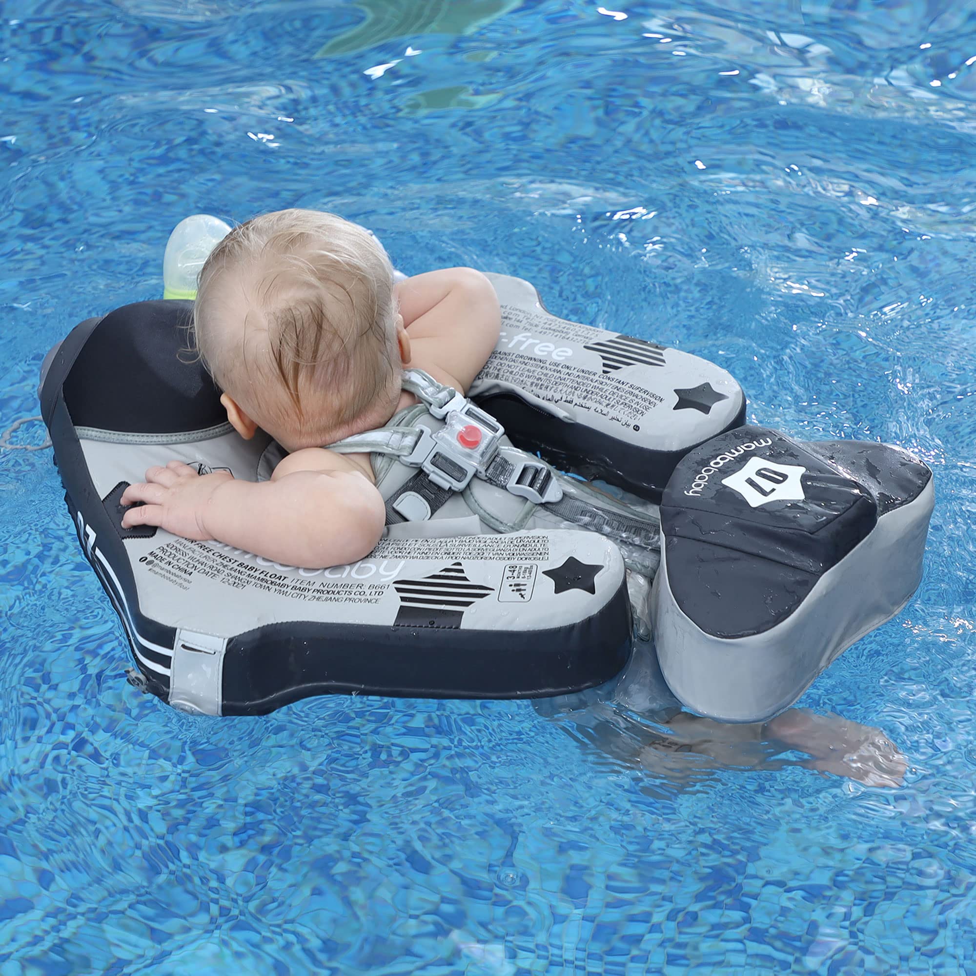 Upgraded Mambobaby Float with Canopy & Adjustable Safety Strap - Non-Inflatable Infant Swim Trainer Waist Ring for Babies (Grey Airplane) - Perfect for Pool, Beach & Water Safety Training