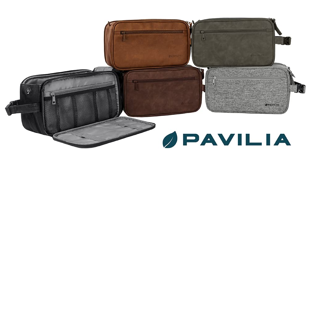 PAVILIA Men's Travel Toiletry Bag - XL Water Resistant PU Leather Dopp Kit for Shaving & Grooming Essentials | Perfect Cosmetic Organizer Case for Business Trips, Camping & Vacation (Black)