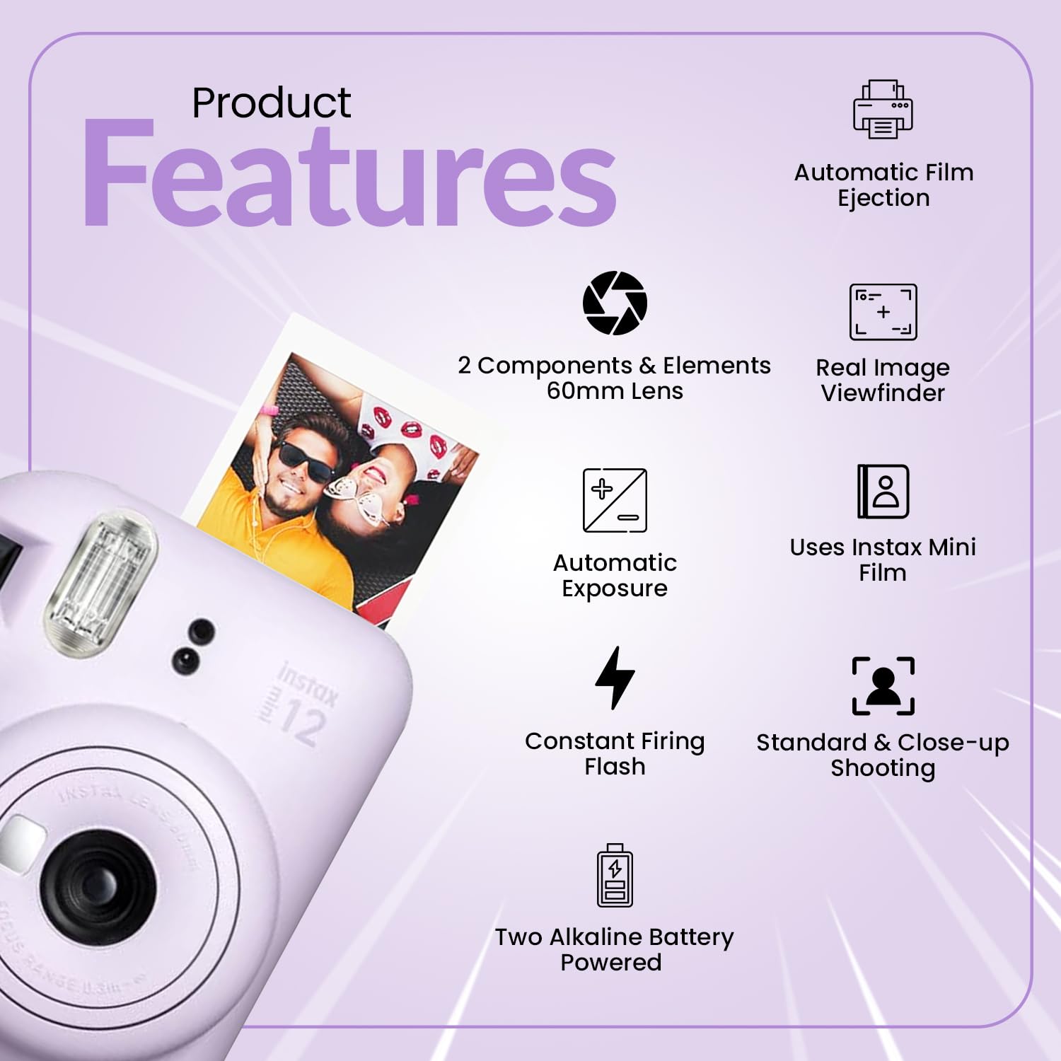 FujiFilm INSTAX Mini 12 Instant Camera (2024 Model) - Pastel Blue Holiday Bundle with 4 AA Batteries & Microfiber Cleaning Cloth | Perfect for Travel, Parties, and Memory Keeping