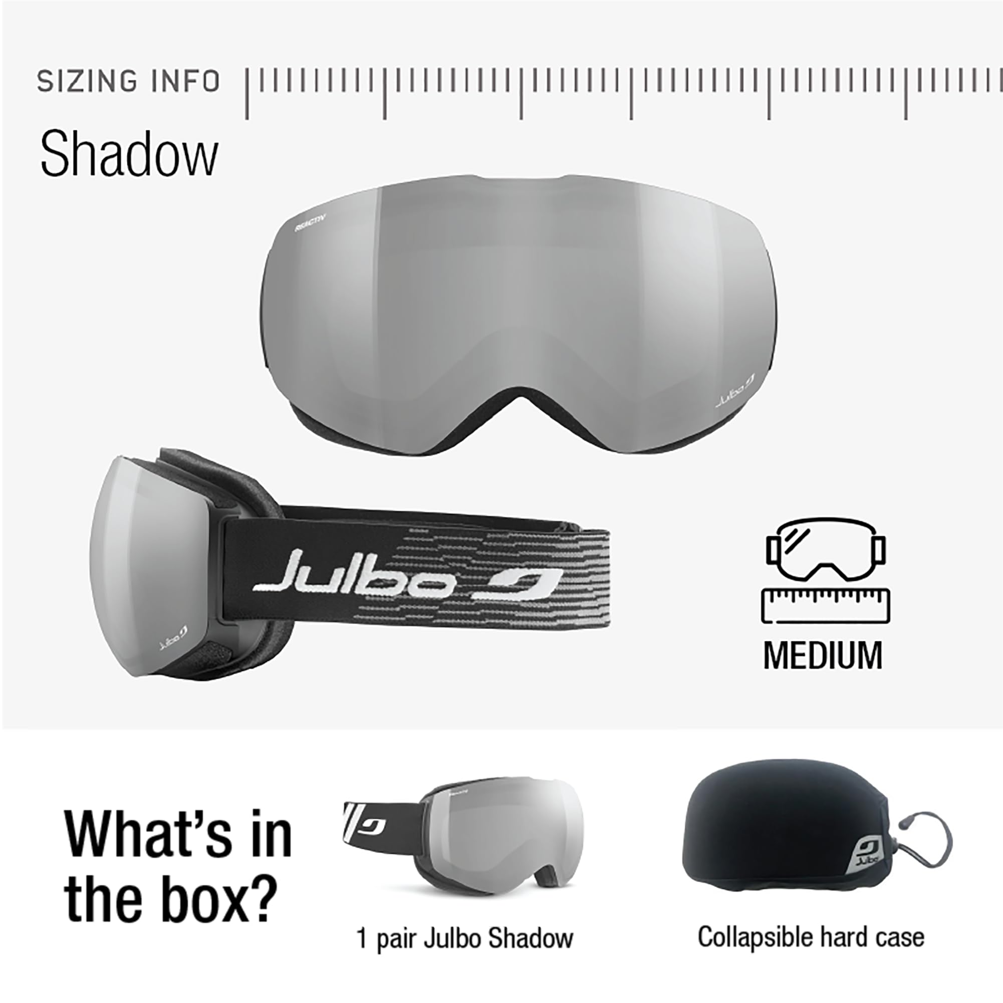 Julbo Shadow Ski Goggles for Men & Women with Small Faces | REACTIV Photochromic Lens for Skiing, Snowboarding & Freeride | Perfect for Low Light & Sunny Mountain Conditions