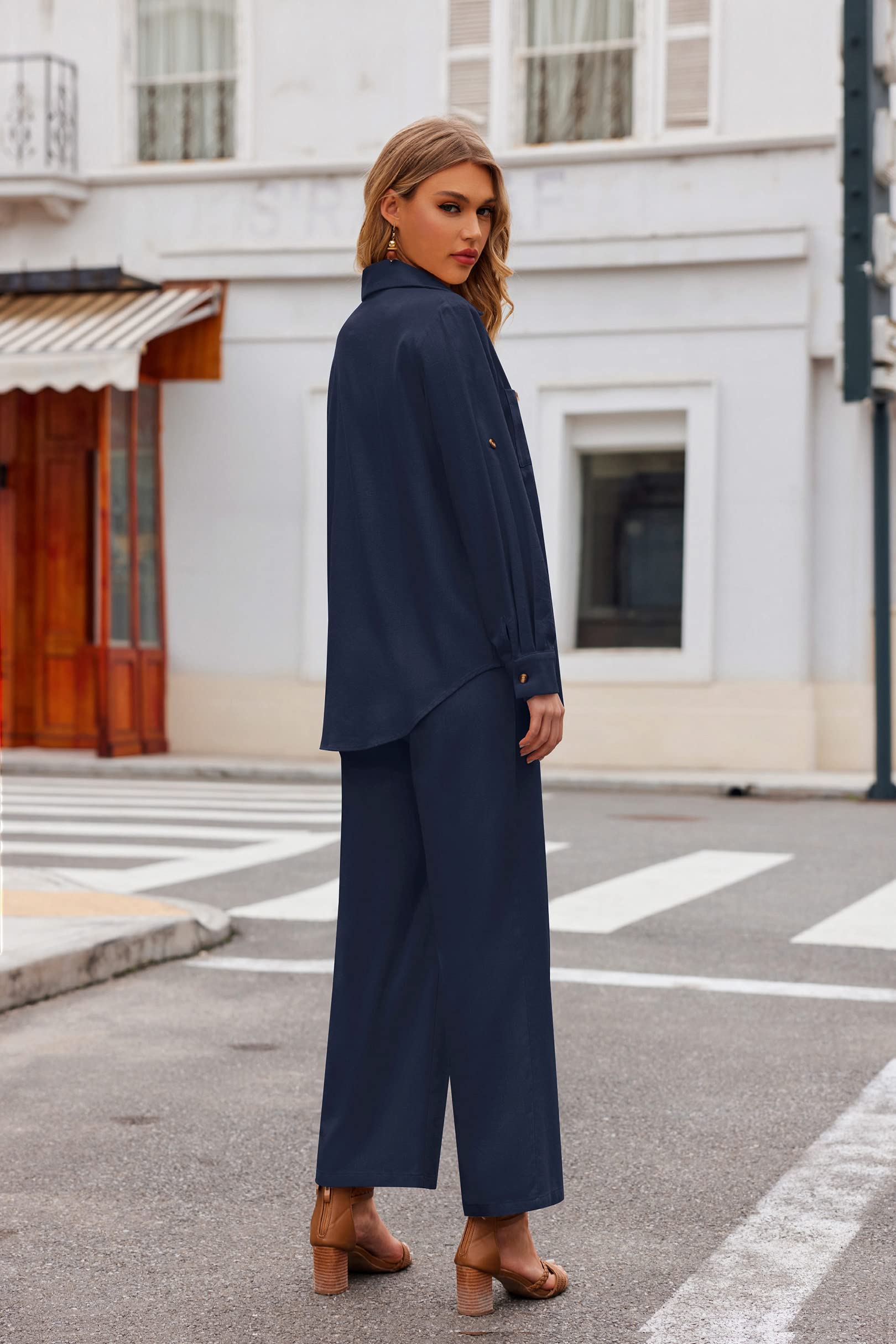 Zeagoo Women's 2-Piece Linen Outfit Set - Button Down Shirt & Drawstring Long Pants for Summer 2023 | Casual Beach Wear, Vacation Outfits & Boho Chic Style