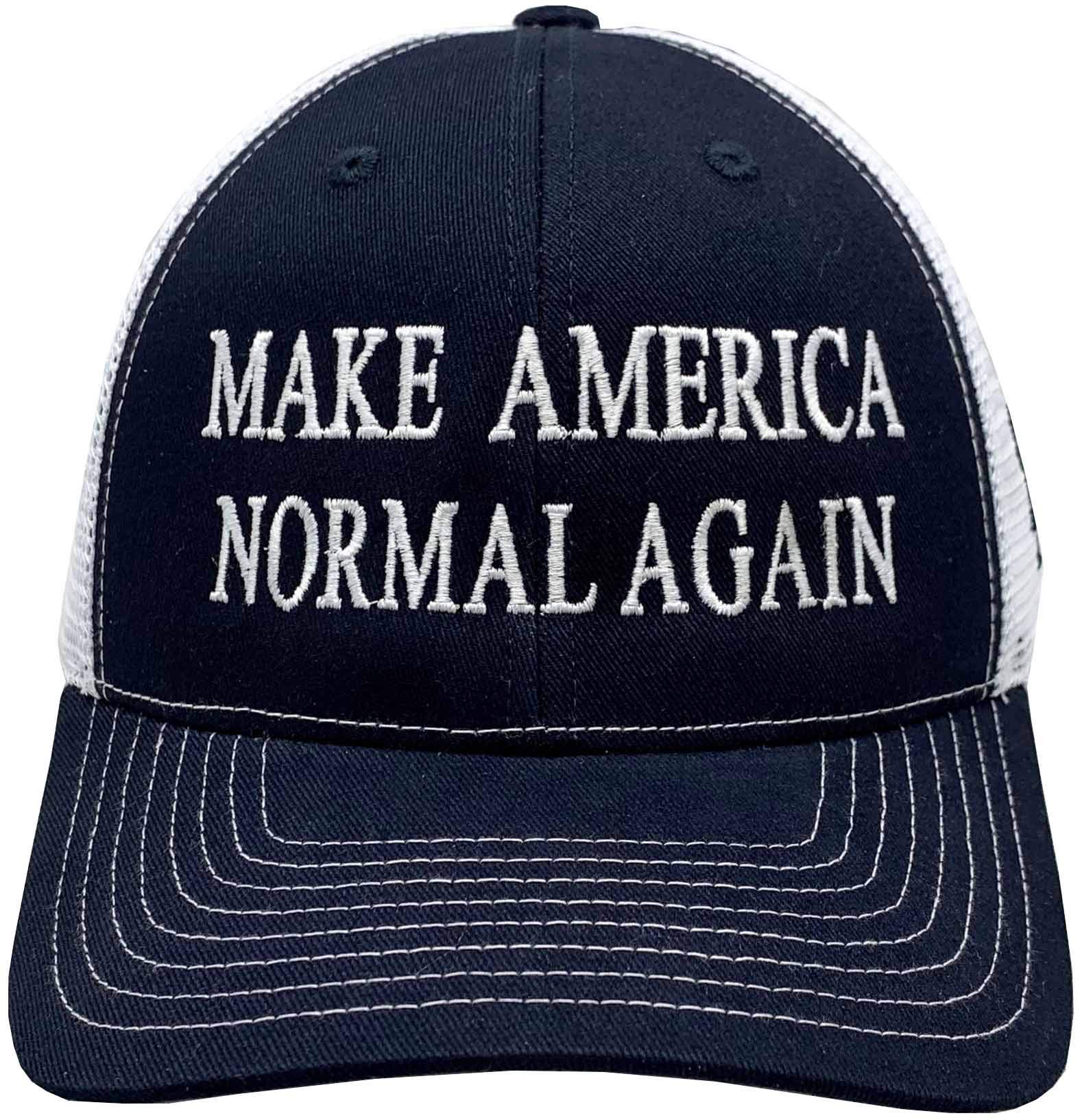 Peerless Embroidery 'Make America Normal Again' Snapback Hat - Adjustable Mesh Baseball Cap in Navy/White - Patriotic Trucker Hat for Men & Women - Perfect for Outdoor Sports, Concerts and Casual Wear