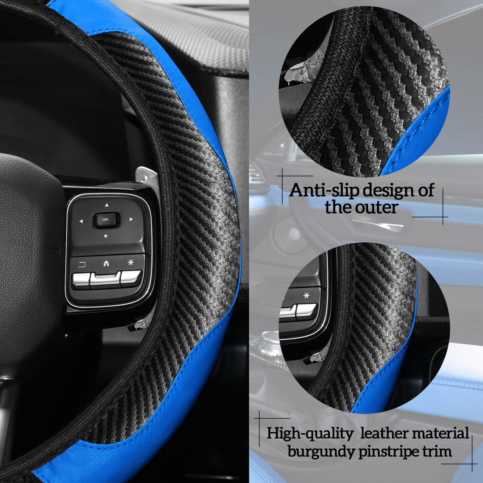 Riakrum 30-Piece Car Accessories Set - Blue & Black PU Leather Steering Wheel Cover, Vent Trim Strips, AC Insert Strips with Installation Tool | Auto Interior Upgrade & Gift for Car Enthusiasts | Perfect for Sedans, SUVs & Trucks