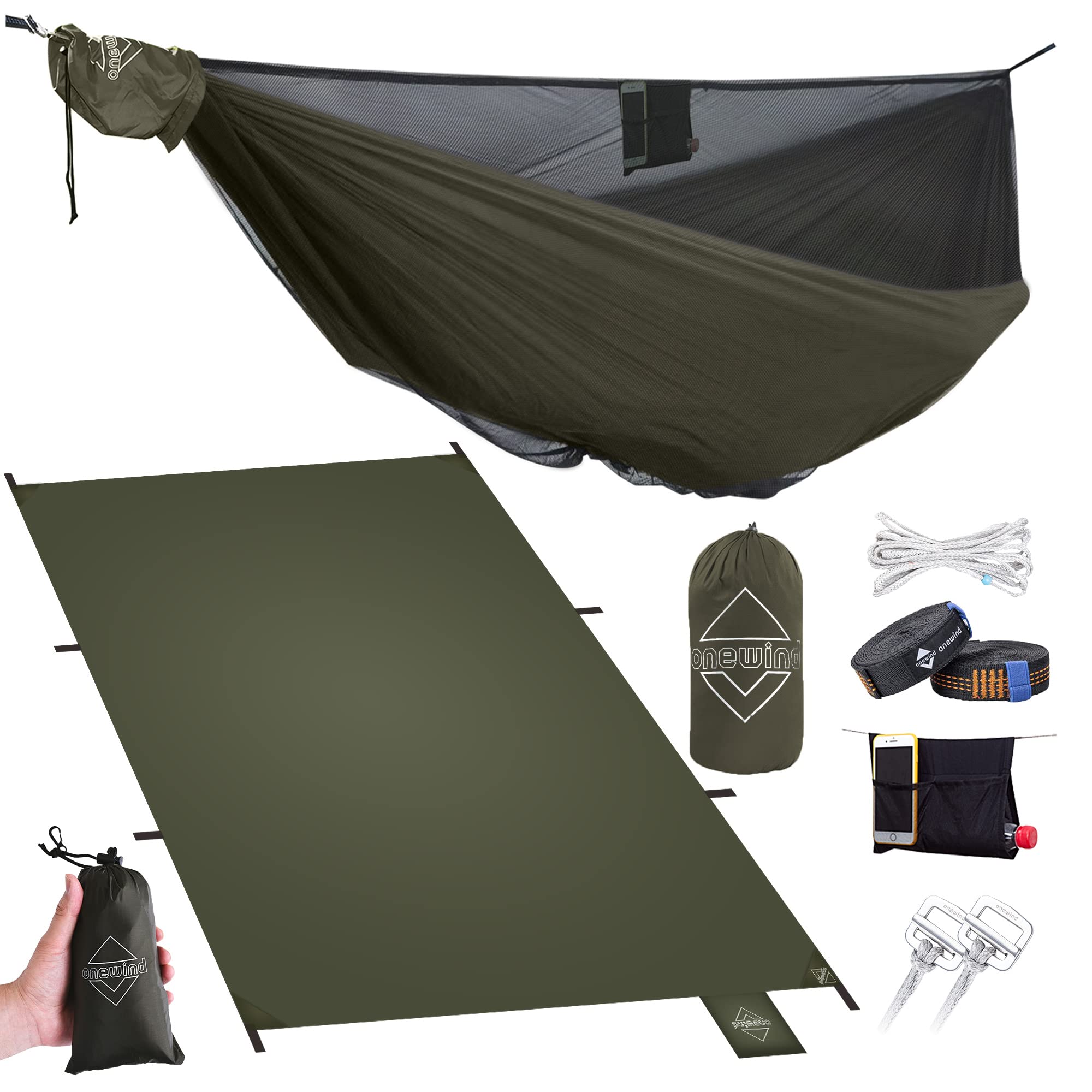 OneWind Camping Hammock with Waterproof Footprint - Lightweight Portable Hammock for Backpacking, Hiking & Outdoor Adventures - Includes Rain Tarp & Tree Straps