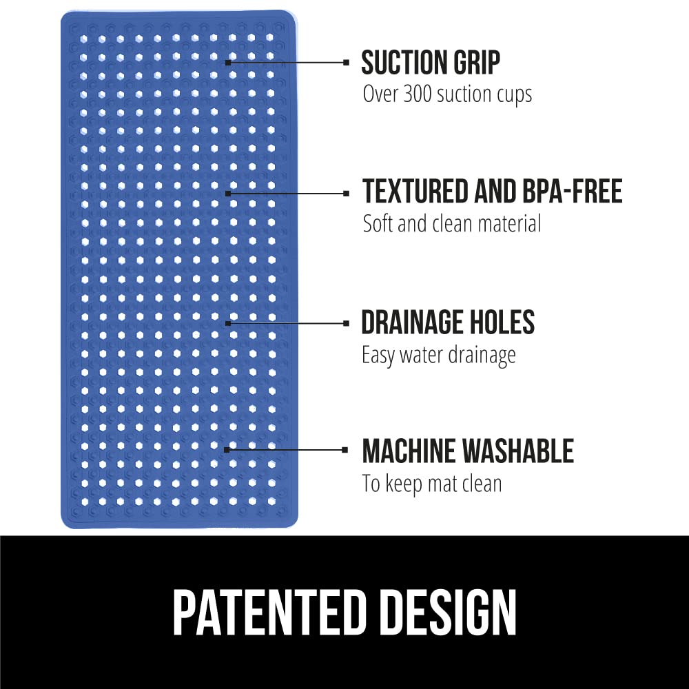 GORILLA GRIP Non-Slip Bathtub Shower Mat - Machine Washable Bath Mat with Strong Suction Cups & Drain Holes - 35x16 Inch Royal Blue Opaque Tub Liner for Bathroom Safety - Perfect for Kids, Elderly & Wet Floors