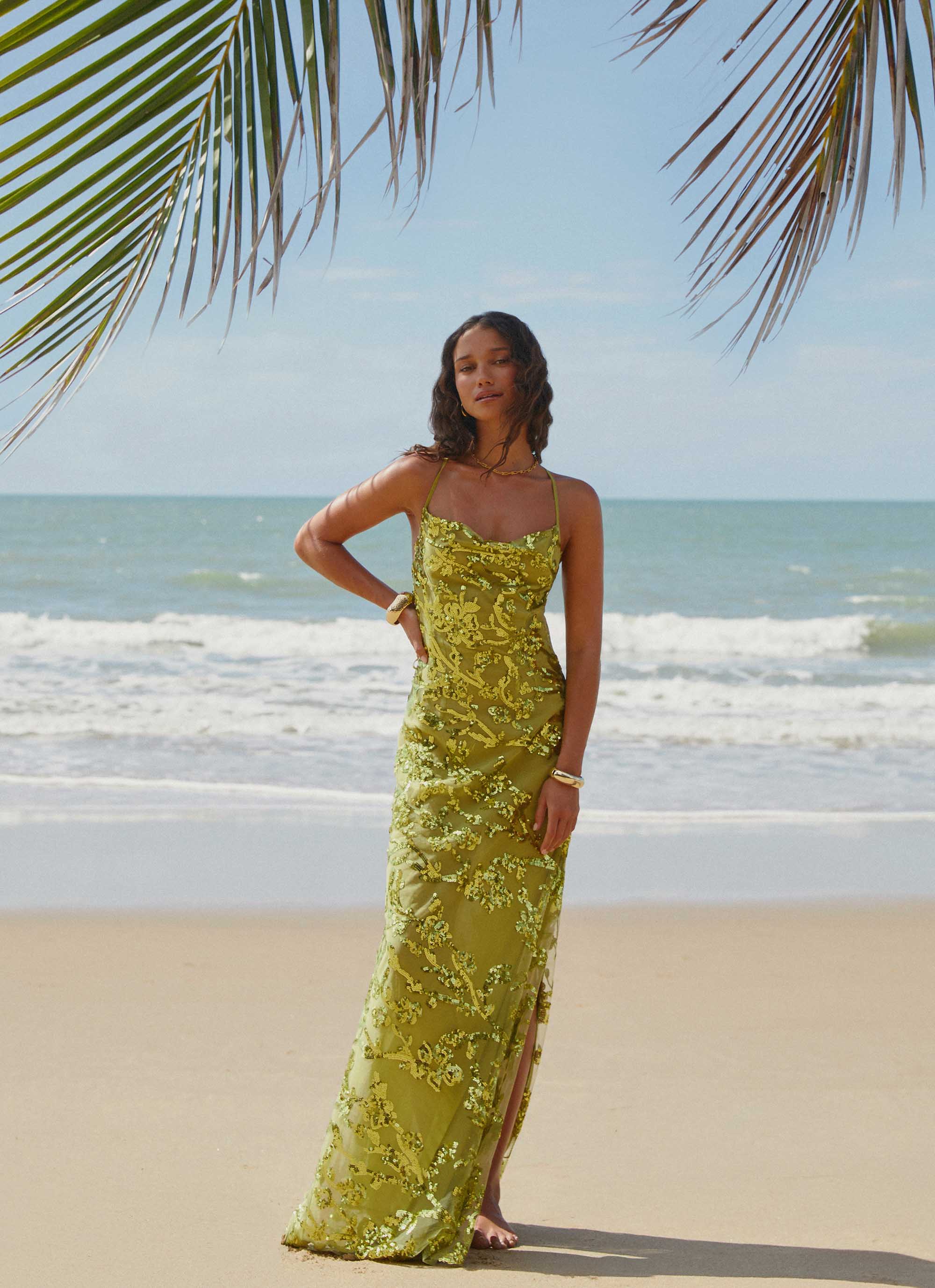 Havana Sequin Maxi Dress in Lime Green - Elegant Long Party Gown for Women, Perfect for Evening Events, Prom, Cocktail Parties & Special Occasions