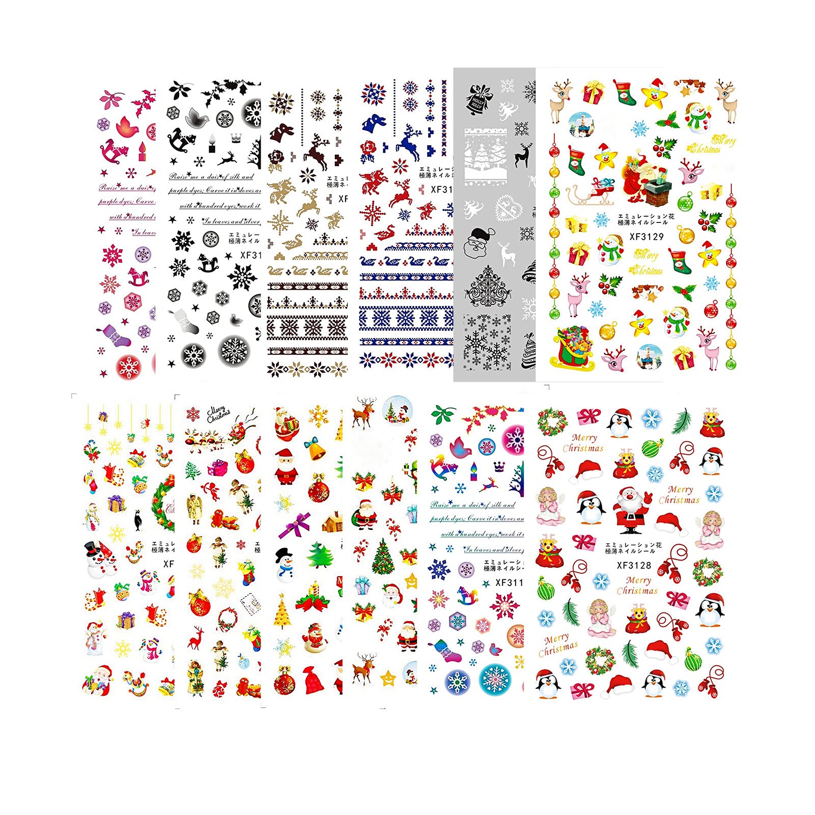 3D Christmas Nail Stickers 12Pcs - Santa Snowman Elk for Winter Nail Art
