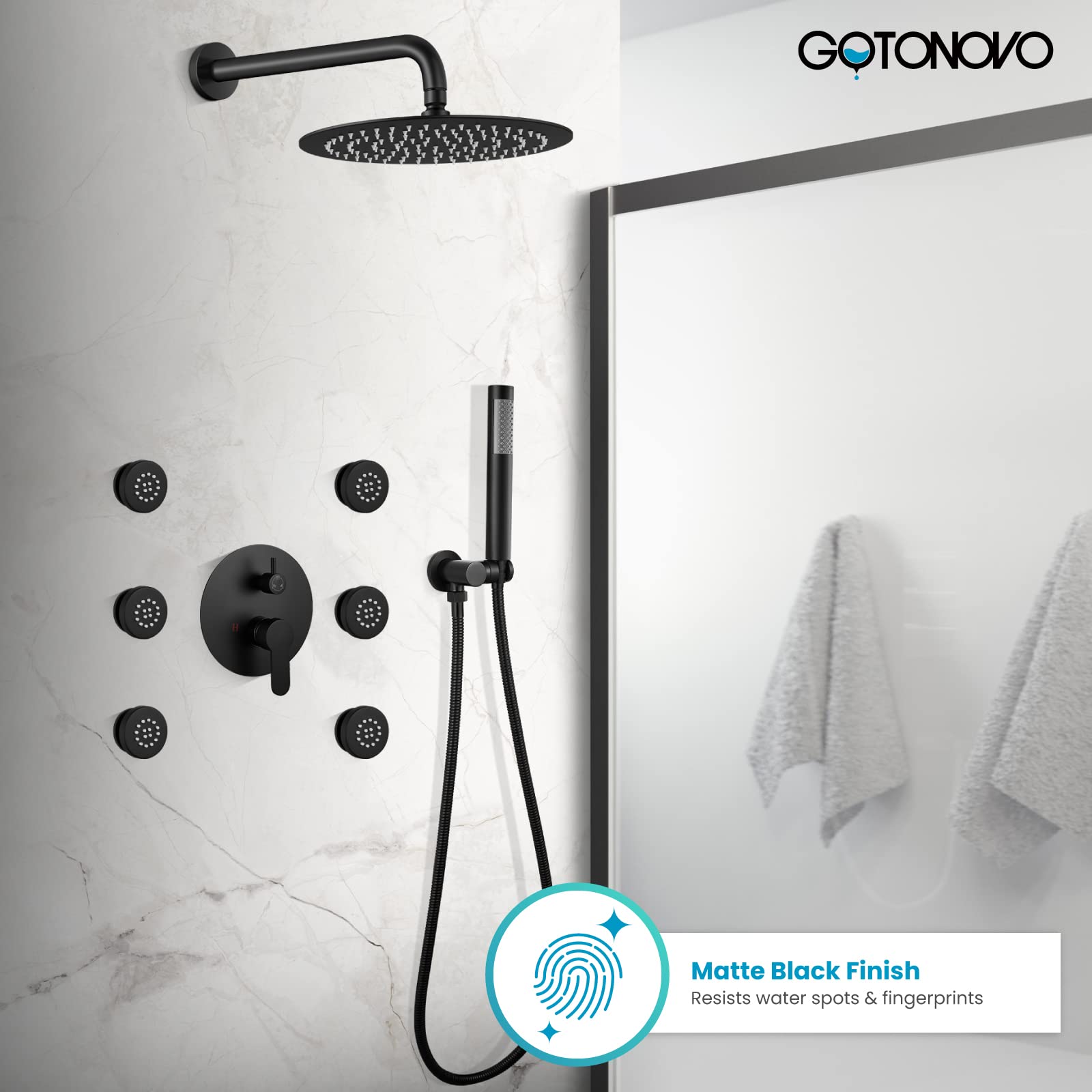 Gotonovo 12-Inch Round Rainfall Shower Faucet Set with 6 Body Jets - Matte Black Wall Mounted Luxury Shower Combo (Includes Rain Shower Head, Handheld Spray & Rough-in Valve) - Perfect for Spa-Like Bathroom Renovations & Modern Home Upgrades