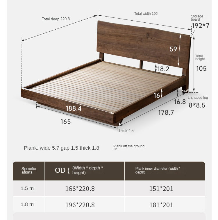 Black Walnut Solid Wood Bed Frame - Wabi Sabi Style Minimalist Bedroom Furniture for Zen & Japandi Home Decor