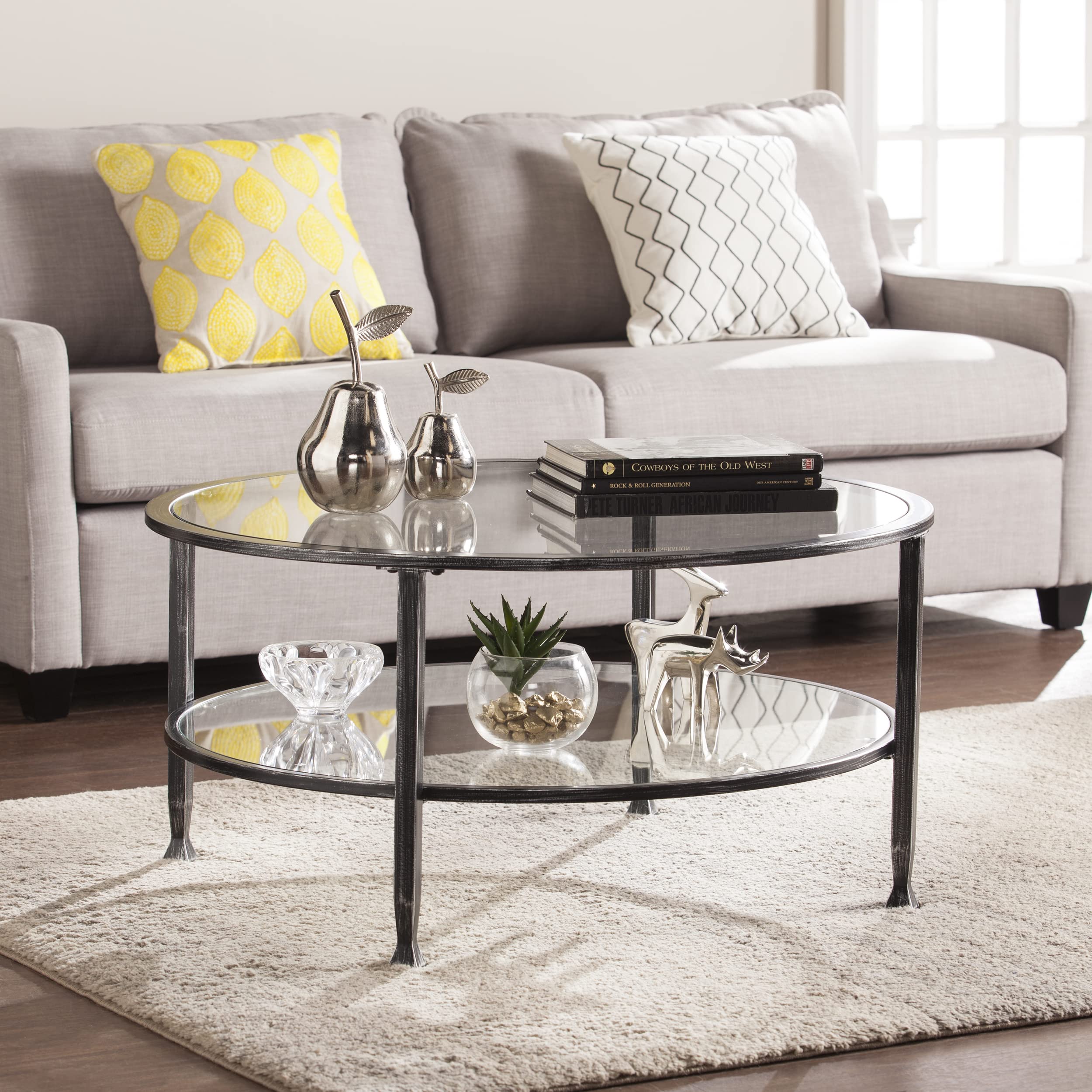 Jaymes Round Metal and Glass Cocktail Table - Black Modern Coffee Table for Living Room, Bar, Lounge, and Office Decor