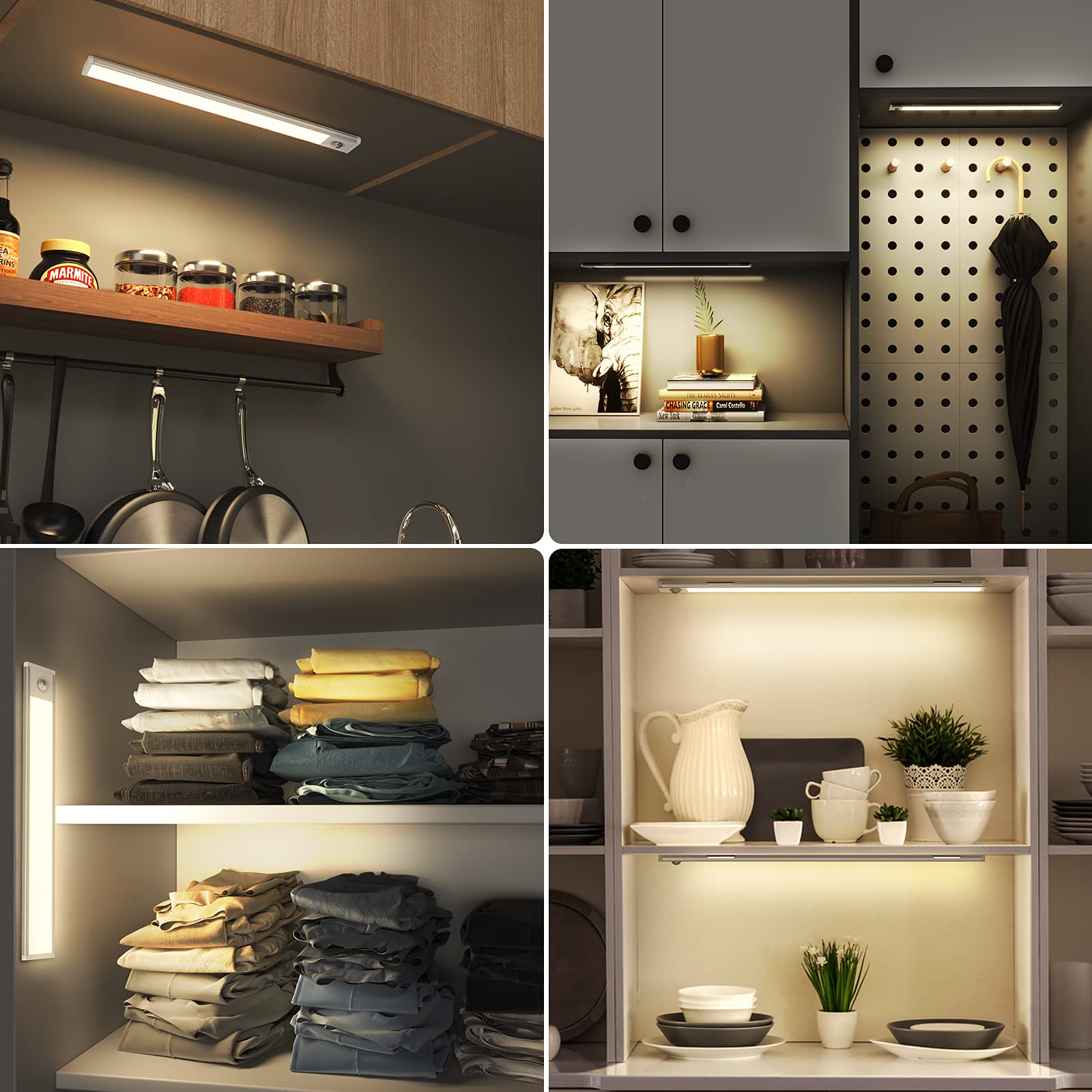 USB Rechargeable Under Cabinet Lights - 48 LED Motion Sensor Closet Lighting, Wireless Battery Operated for Wardrobe, Cupboard, Kitchen, Stairs - Perfect for Nighttime Safety & Home Organization