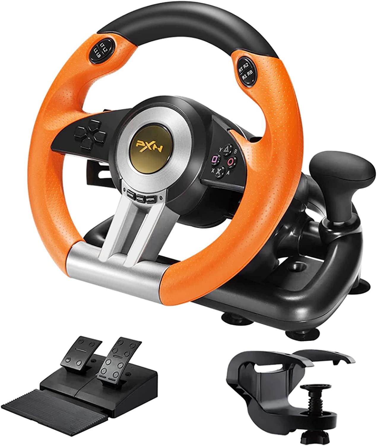 PXN V3 Pro Racing Wheel - 180° Steering Wheel for PS3, PS4, Xbox One, Xbox Series X/S, Nintendo Switch & PC - with Paddle Shifters, Gear Stick & Adjustable Pedals (Orange) - Perfect for Racing Games & Simulation Driving