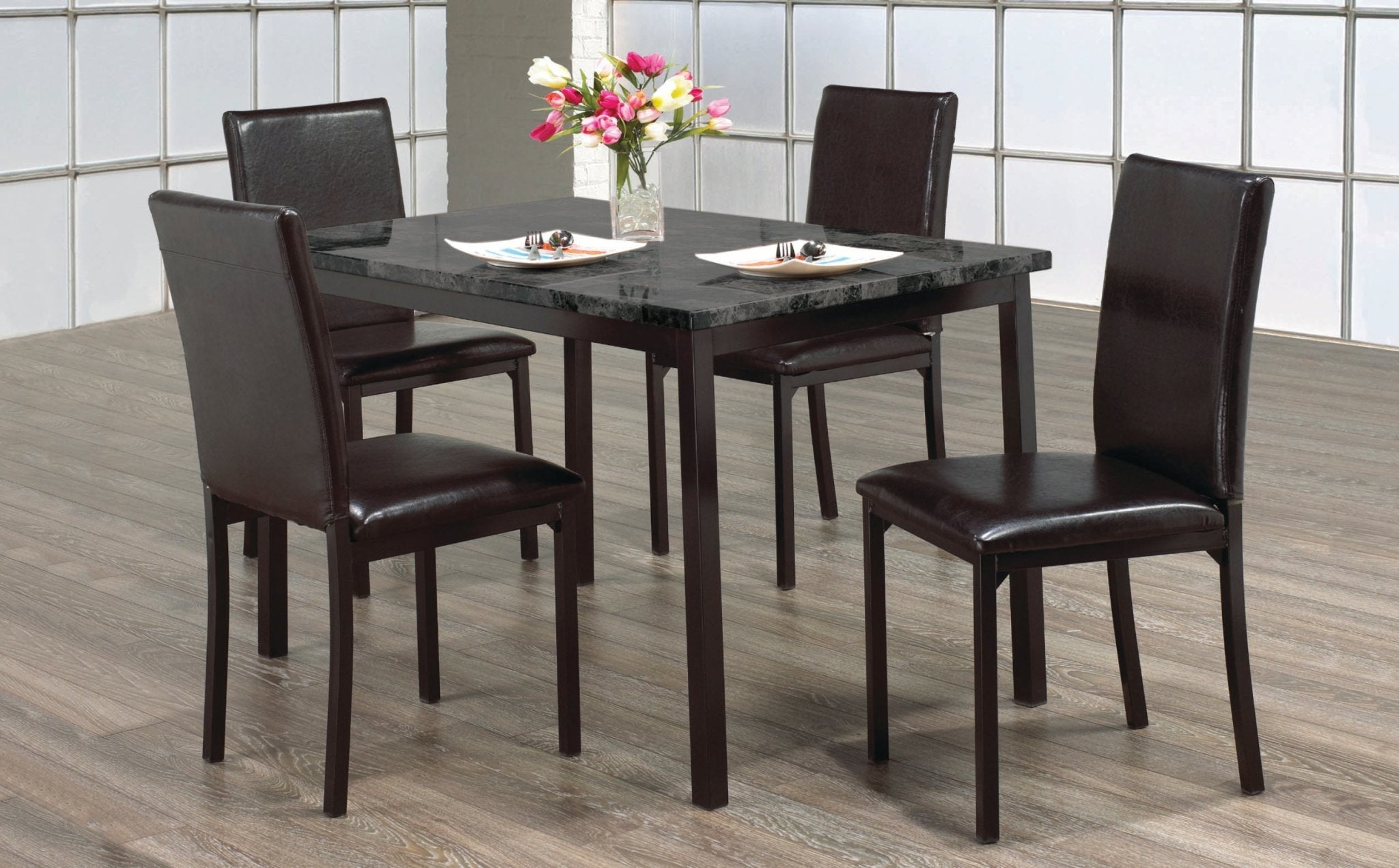 Elegant Black Metal Dining Set with Dark Grey Marble Table Top - Modern Kitchen & Dining Room Furniture for Family Gatherings & Dinner Parties