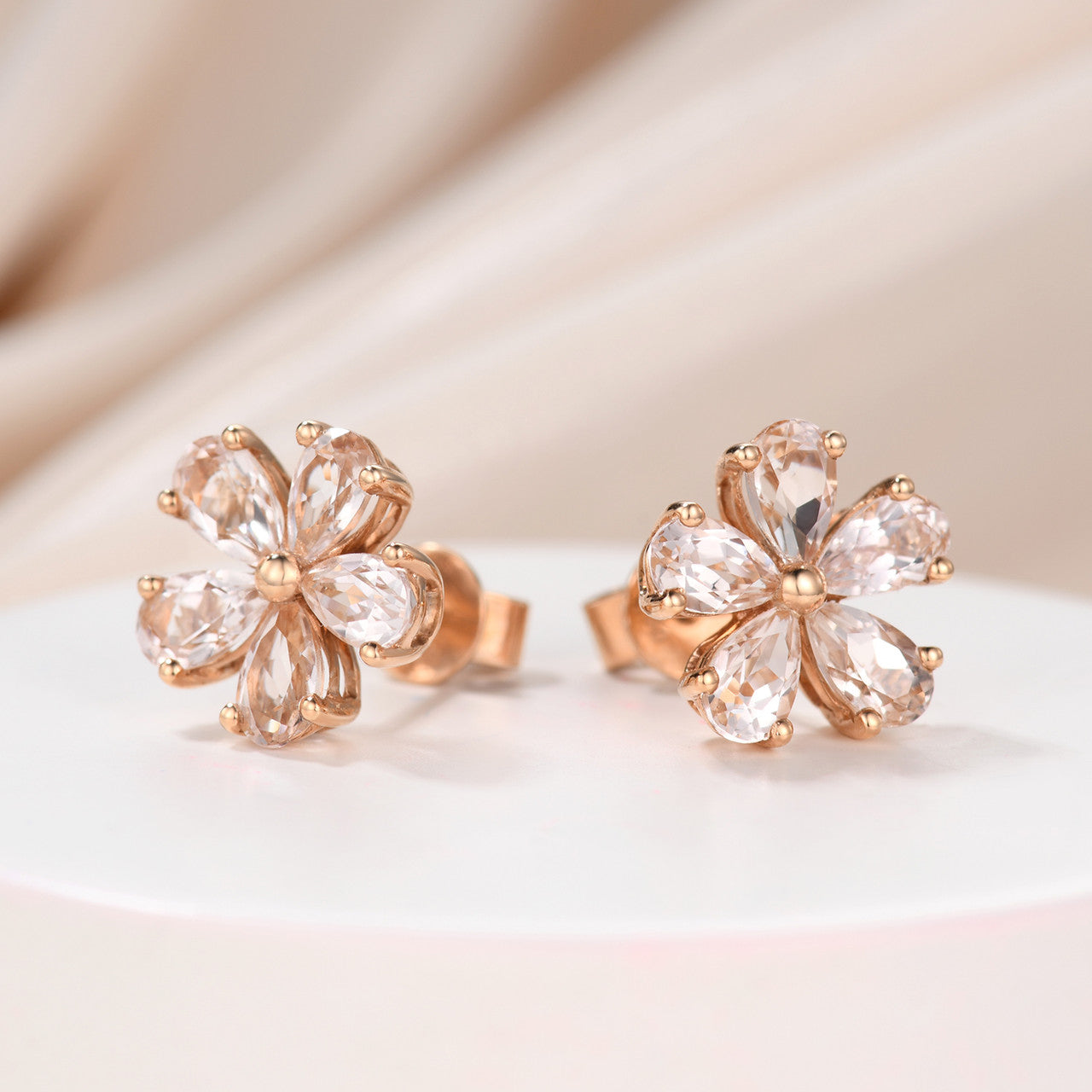 5 Petal Pear Cut Natural Morganite Stud Earrings in Sterling Silver - Dainty Prong Setting for Women, Perfect for Weddings, Parties & Everyday Elegance