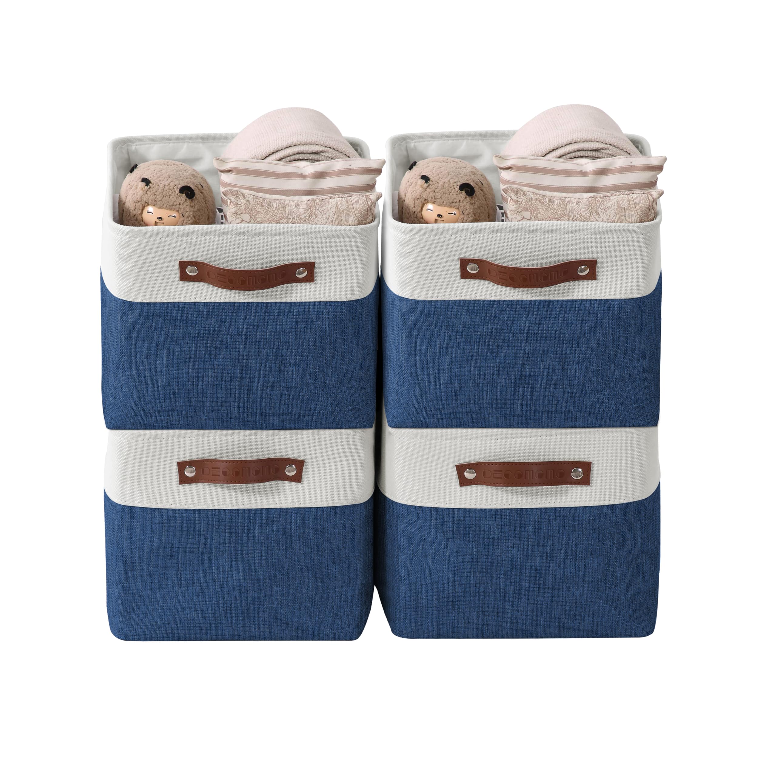DECOMOMO Fabric Storage Bins - Large 4-Pack Navy Blue & White Storage Baskets for Shelves, Linen Closet Organization, Toys, and Nursery | Perfect for Home, Office, and Kids Room Organization
