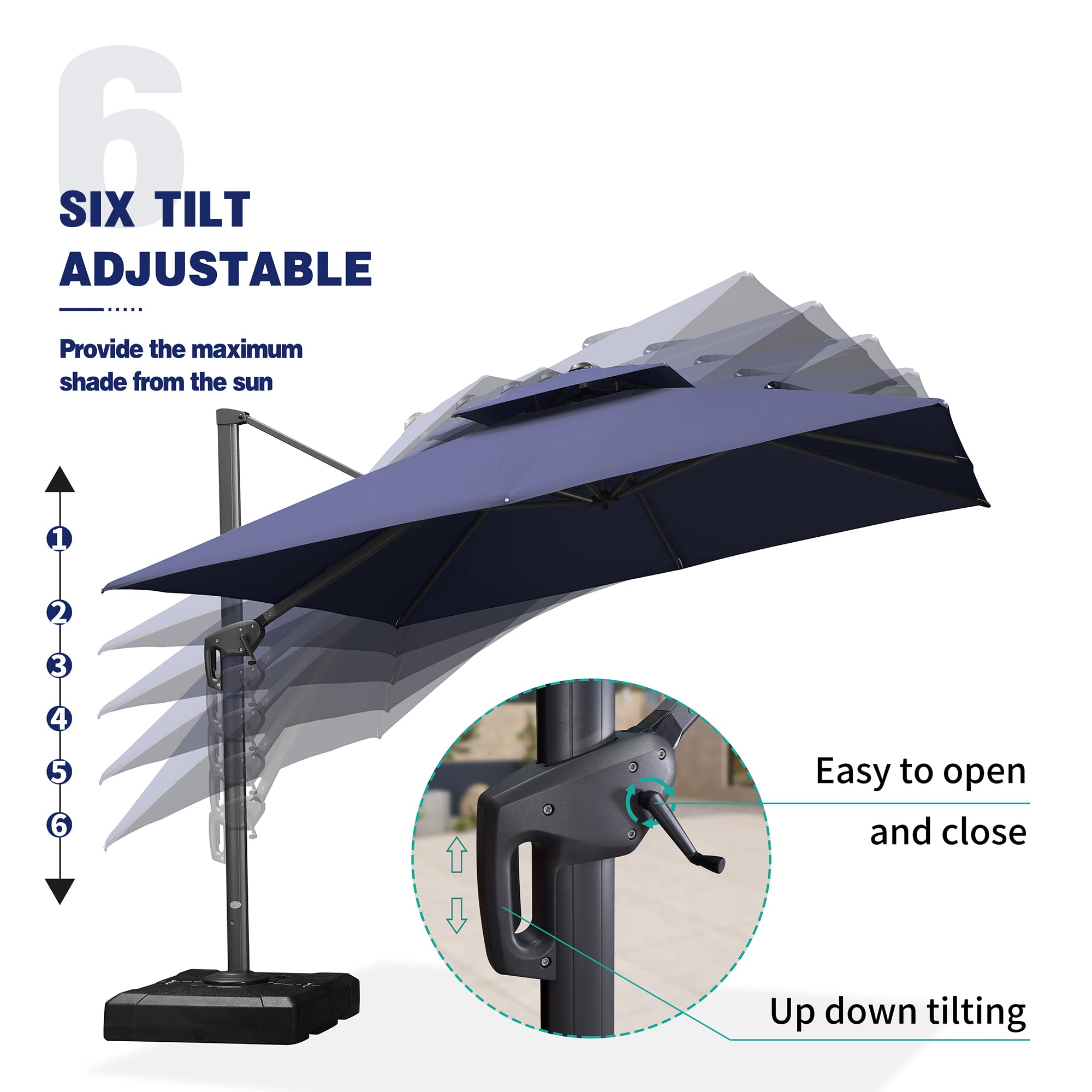 PURPLE LEAF 10FT Cantilever Outdoor Umbrella - Large Patio Umbrella with Double Top, 360° Rotation & Tilt Function - Navy Blue Square Offset Hanging Umbrella for Backyard, Poolside, and Outdoor Dining Areas
