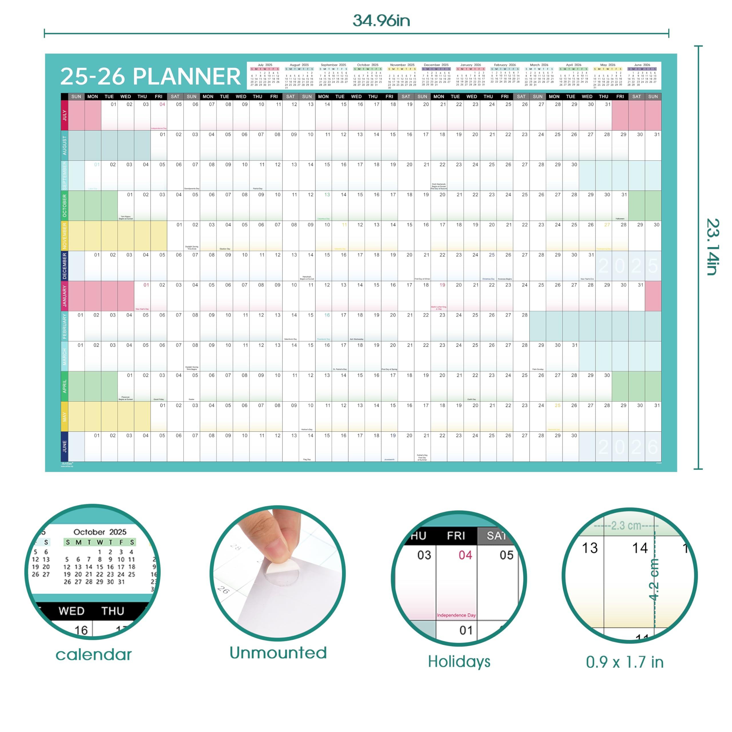 2025-2026 Yearly Wall Calendar | July 2025 - June 2026 with Julian Dates | 34.9