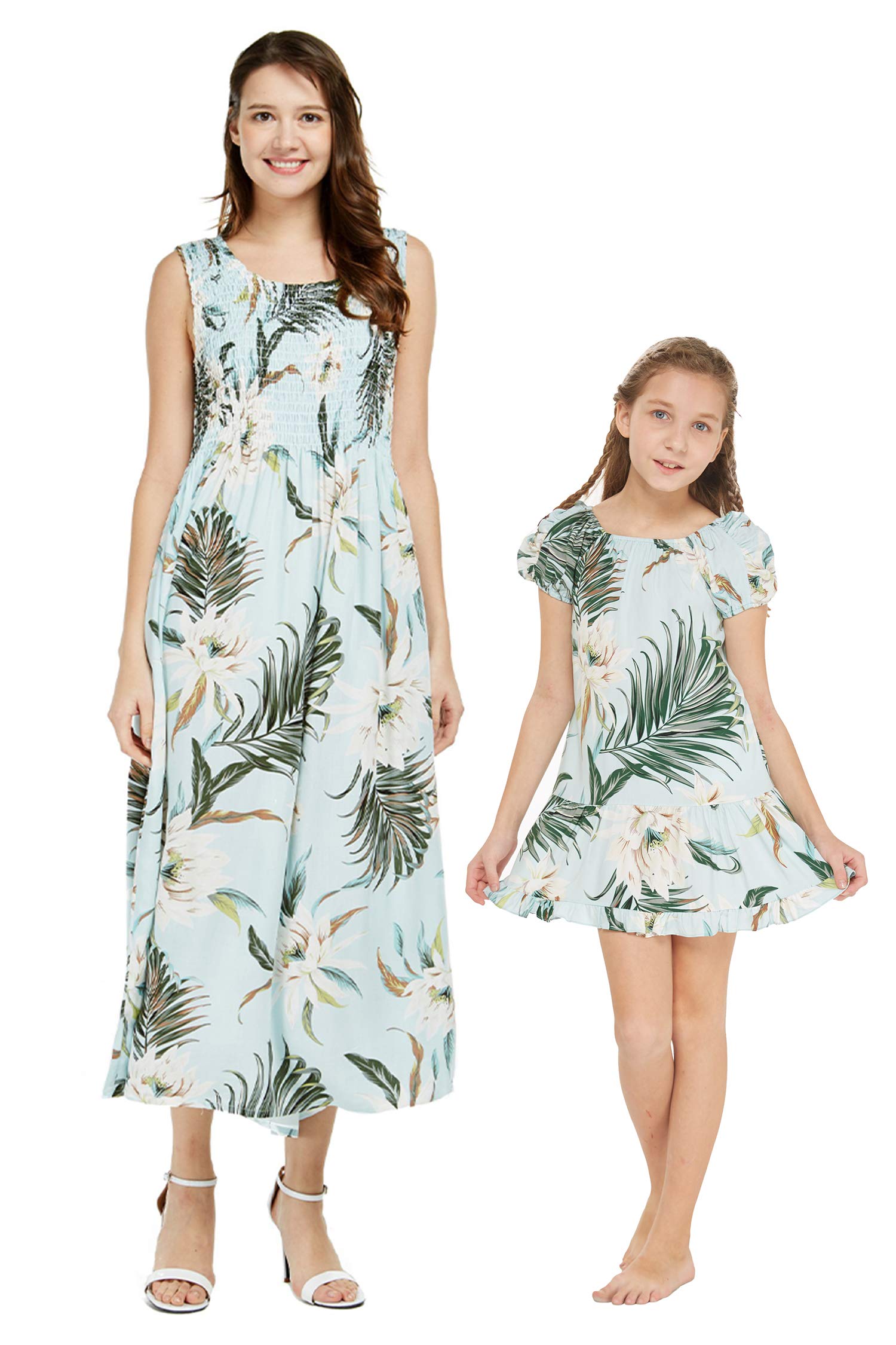Matching Mother & Daughter Hawaiian Luau Maxi Dresses - Floral Print Muumuu Beach Outfits for Women and Girls | Perfect for Family Vacations, Beach Parties, and Summer Getaways