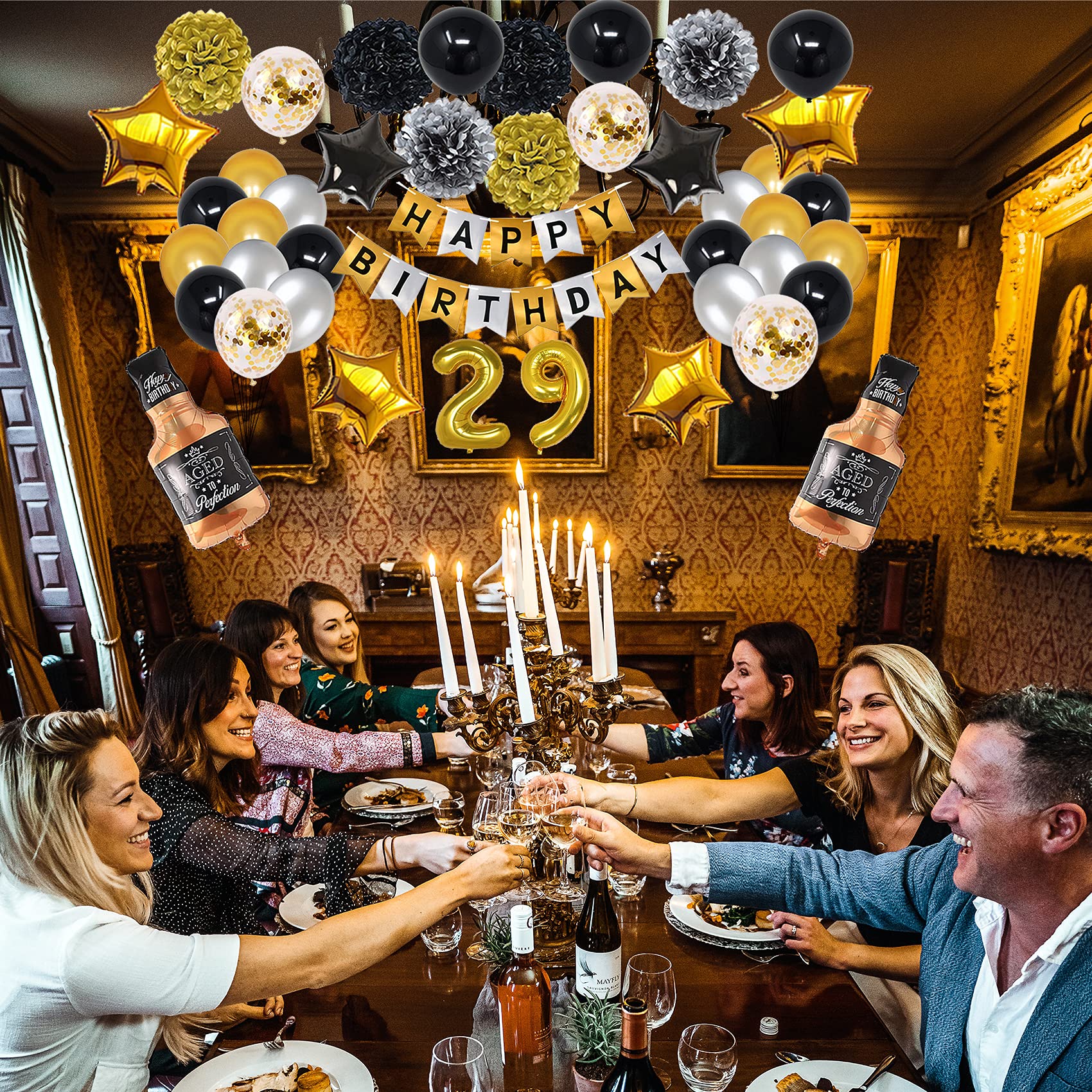 29th Birthday Party Decorations Set - Gold & Black Theme with Number Balloons & Banner for Men & Women | Perfect for 29th Birthday Celebrations, Milestone Parties & Adult Birthday Decorations