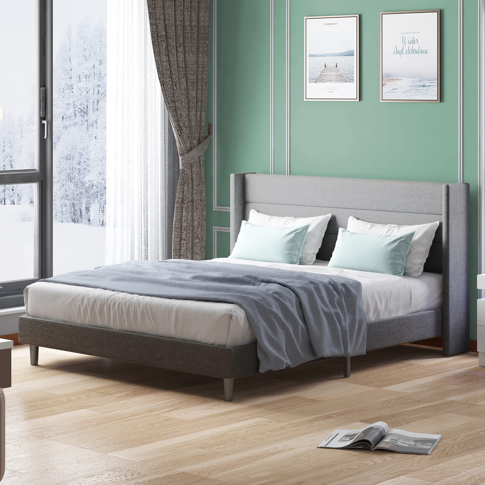 MJkone Full Size Platform Bed Frame with Wingback Headboard - Modern Upholstered Bed with Wooden Slat Support, No Box Spring Needed - Easy Assembly (Dark Grey) - Perfect for Master Bedroom, Guest Room & Small Space Living