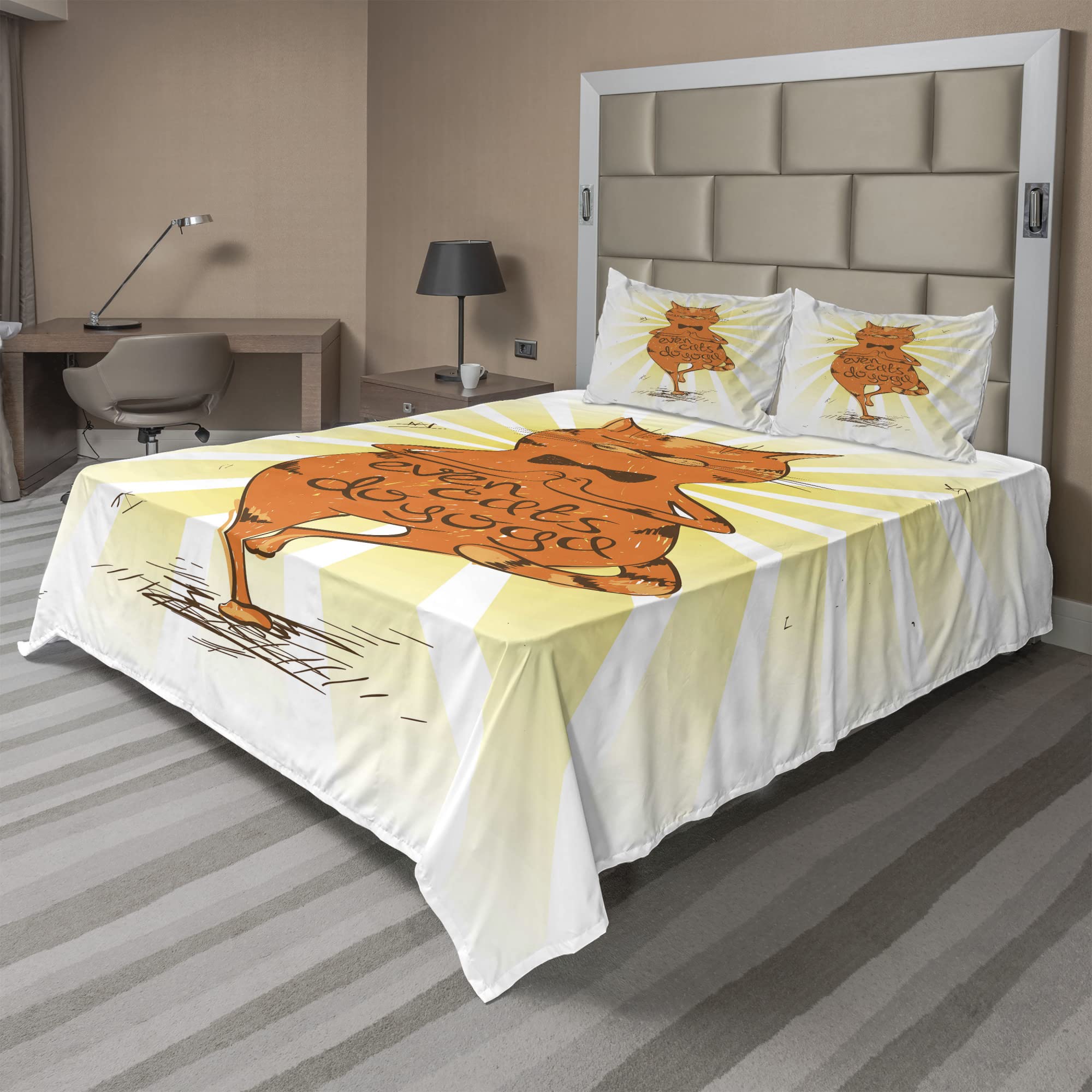 Ambesonne 4-Piece Yoga Sheet Set - King Size Fitted & Flat Sheets with Pillowcases | Peaceful Cat Design with Asana Balance Motif | Orange Yellow Brown Bedding for Relaxation | Perfect for Yoga Studios, Meditation Rooms & Boho Chic Bedrooms