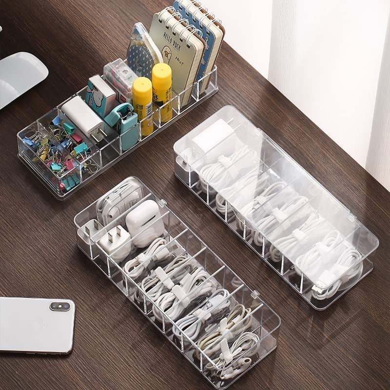 White Plastic Cable Management Box with 10 Wire Ties & 8 Compartments (2-Pack) - Power Cord Organizer for Home Office, Entertainment Center & Desk Organization