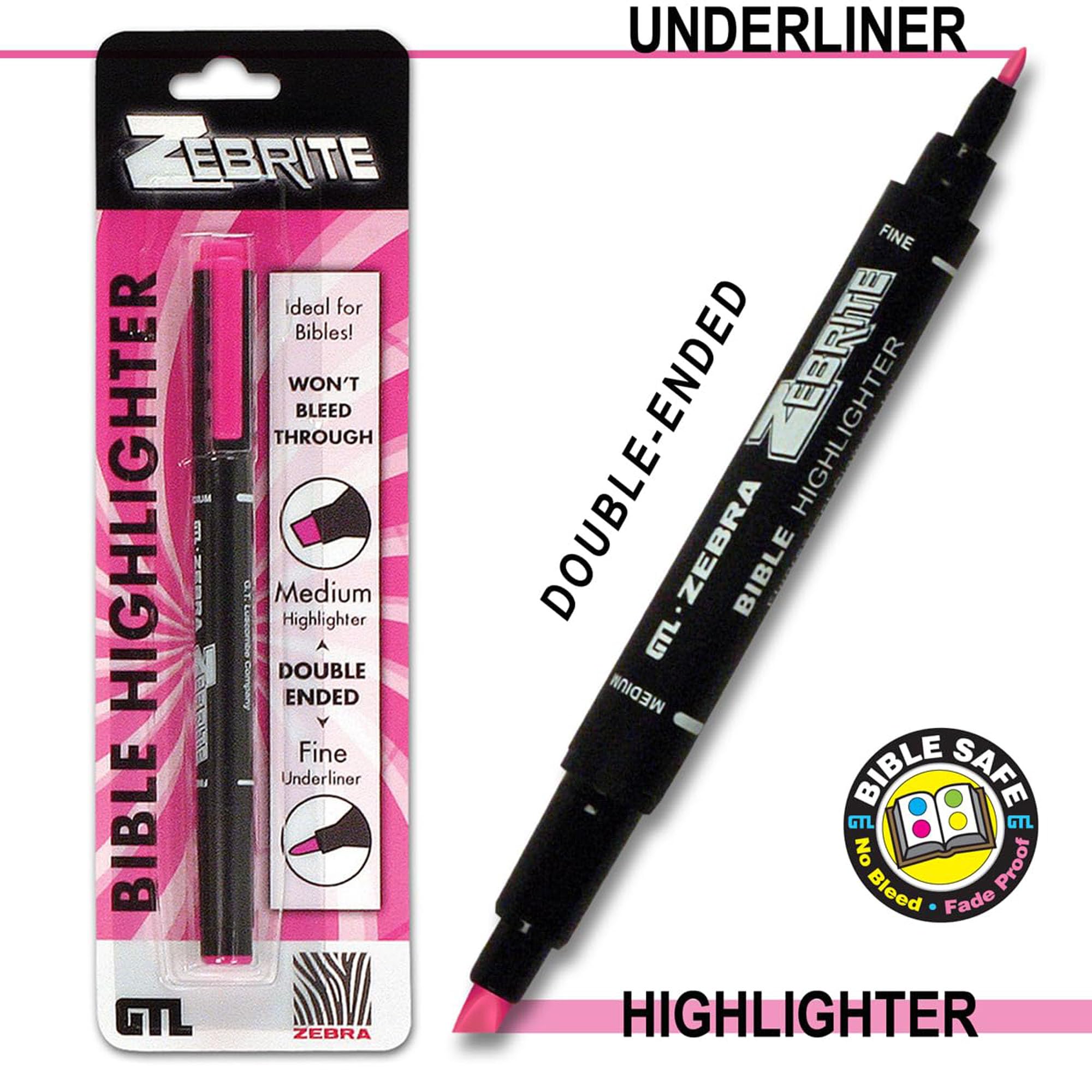 Zebrite Bible Highlighter Set - No Bleed, No Fade - Pink Ink for Bible Study & Note Taking