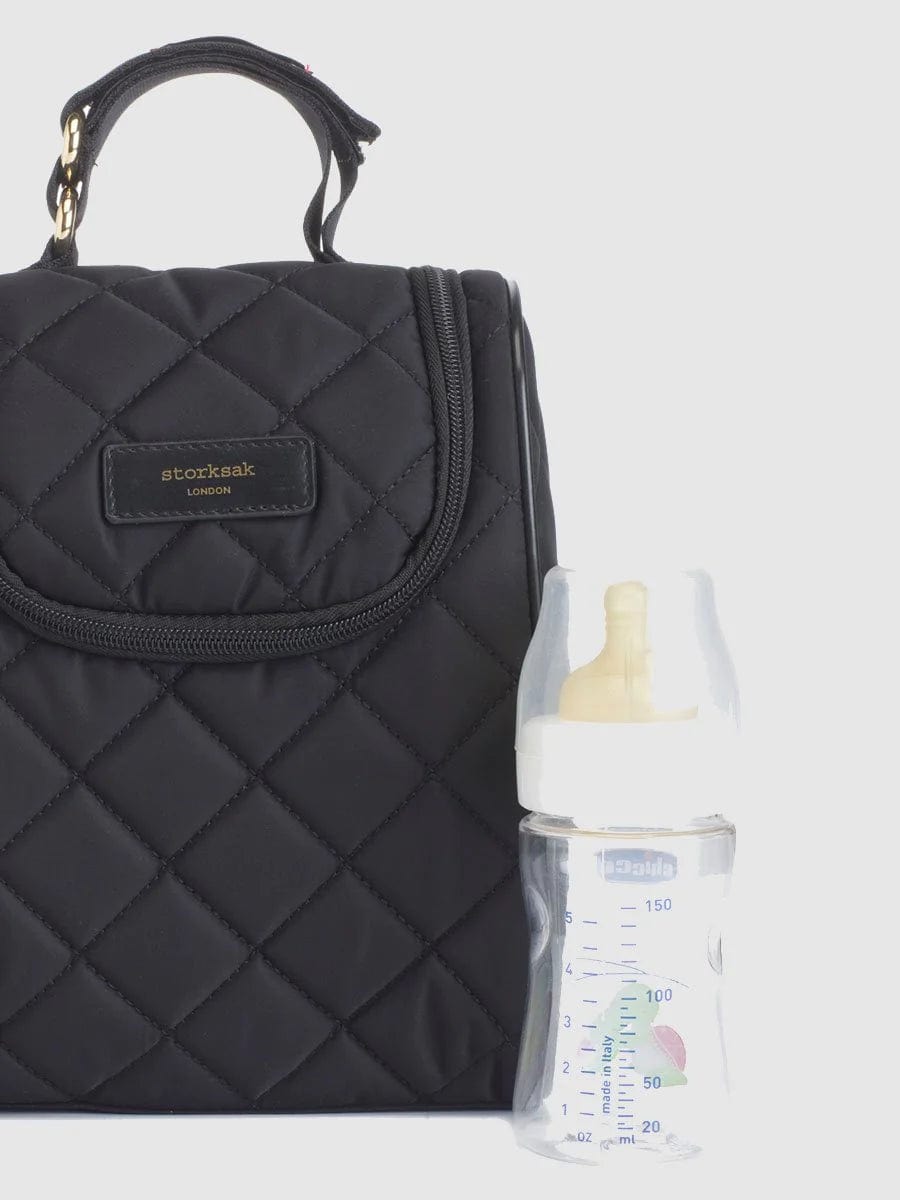 Storksak Stevie Quilted Diaper Bag - Stylish Baby Changing Bag for Moms, Large Capacity Organizer with Insulated Bottle Pockets, Perfect for Travel, Shopping & Daily Use (Black)