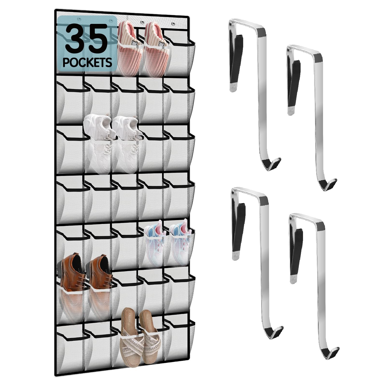 35-Pocket Breathable Mesh Over-The-Door Shoe Organizer for Men & Women - Space-Saving Closet Storage Solution for Sneakers, Heels & Boots (White) - Perfect for Bedrooms, Dorms & Small Spaces