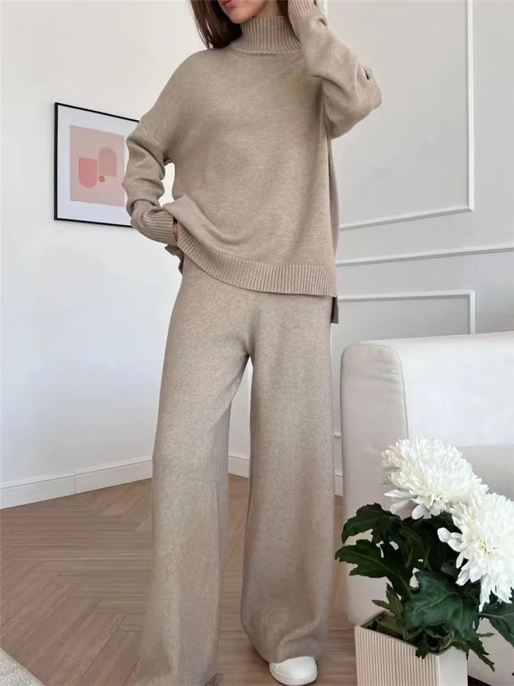 2024 Oversized Women's 2-Piece Knit Tracksuit Set - Half Turtleneck Sweater & Wide Leg Jogging Pants | Cozy Winter Outfit for Casual Wear, Lounge, and Street Style
