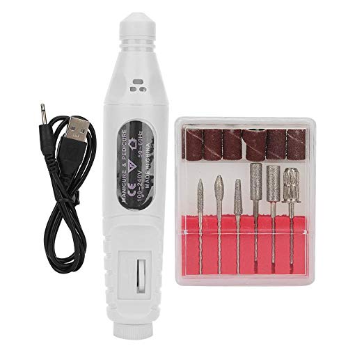 Professional USB Portable Electric Nail Drill Machine Kit - 6 Drill Bits & Sanding Bands for Acrylic Gel Nails, Pedicure, Shaping & Polishing (Silver) | Perfect for Home Salon, DIY Manicure & Nail Art Enthusiasts