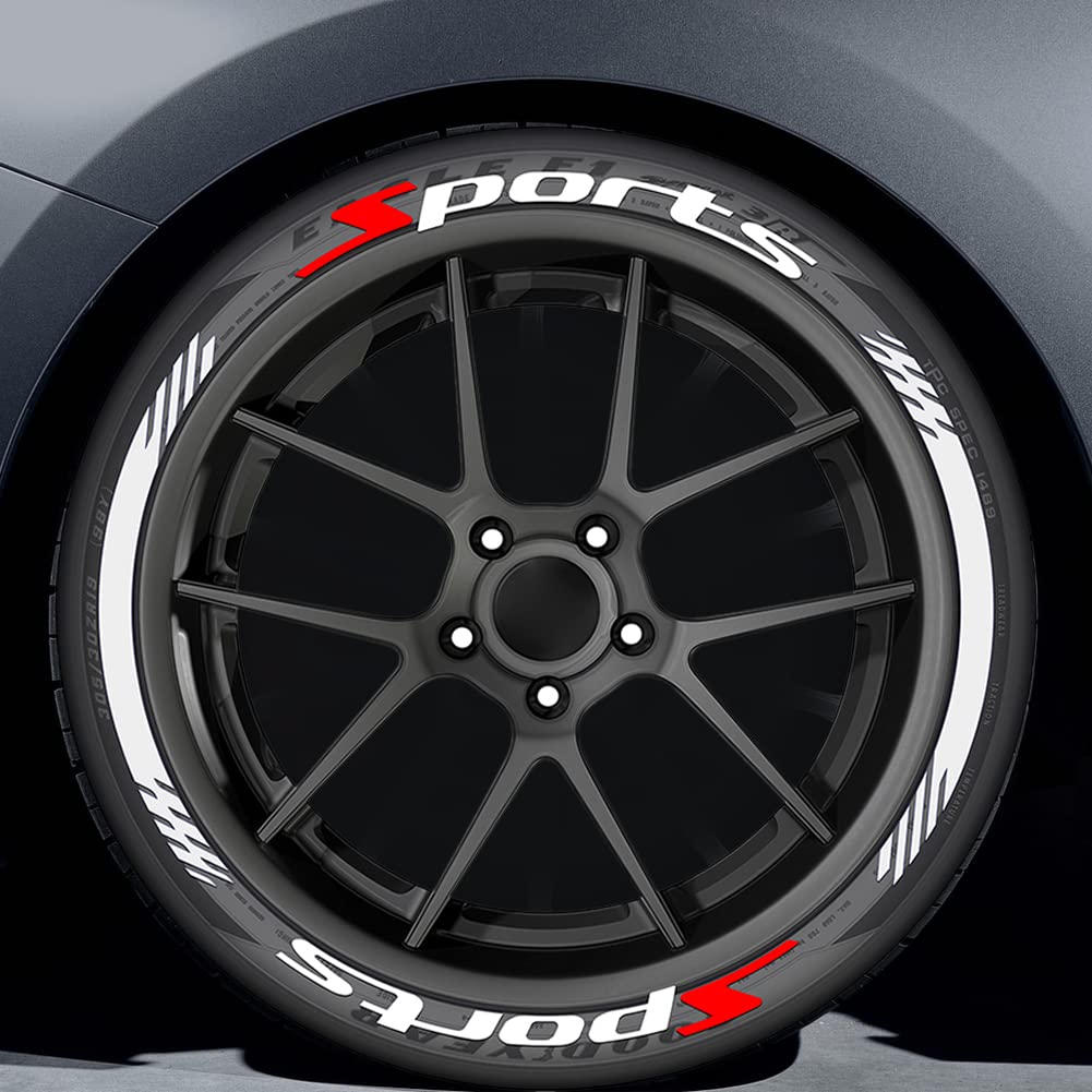 GreceYou 8pcs 3D Car Tire Letter Stickers - DIY Wheel Decoration for Sports & Racing Cars, Motorcycles (No Glue Needed) | SPORTS Style with White Strip - Perfect for Customizing Vehicles & Enhancing Street Style