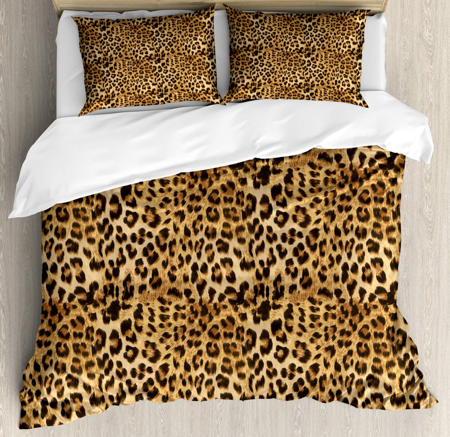 Ambesonne Brown Leopard Print Duvet Cover Set - 3 Piece Wild Savannah Animal Skin Bedding with 2 Pillow Shams, California King Size, Soft & Stylish Home Decor for Jungle Theme Bedroom