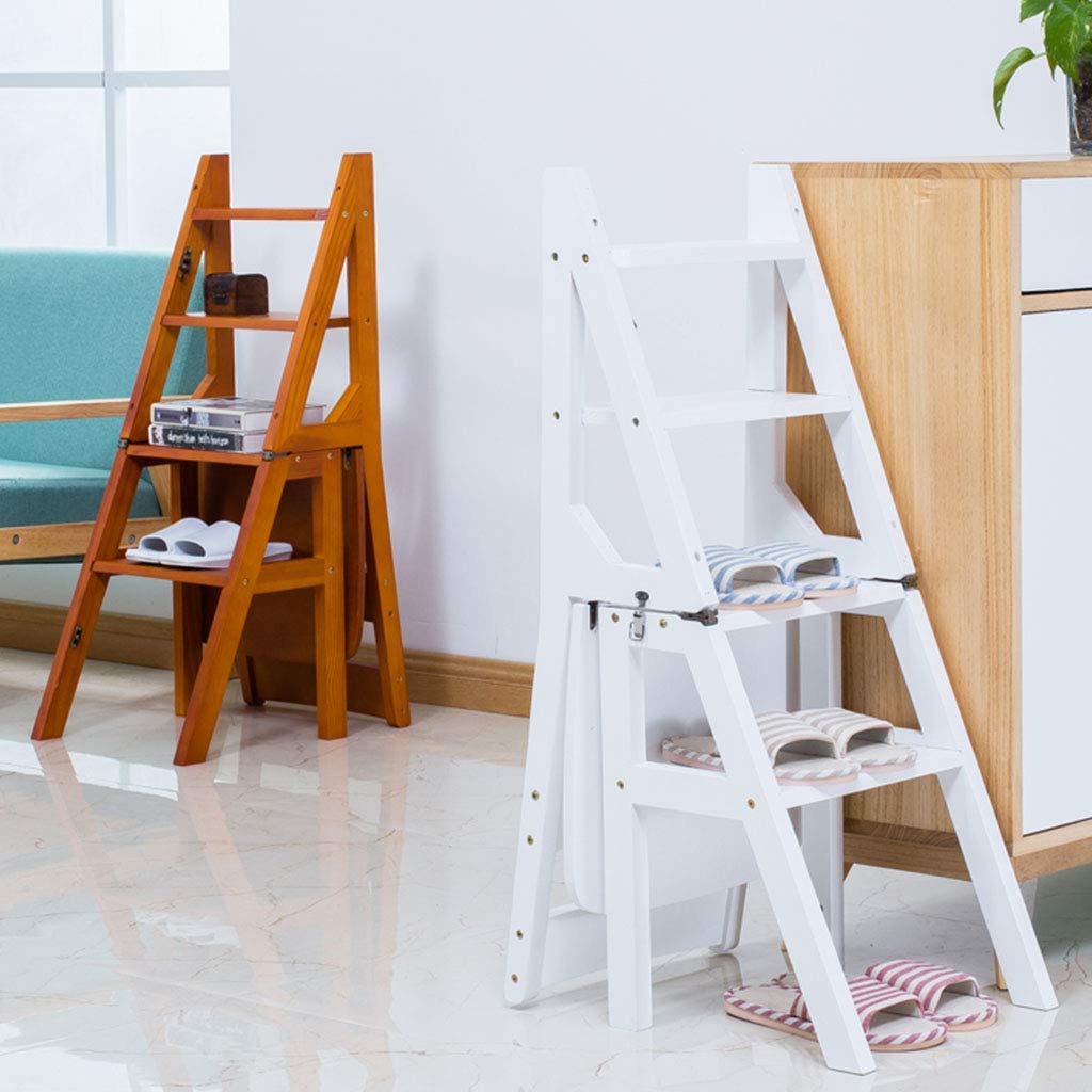 Natural Wood Folding Step Stool with Ladder - 4 Step Portable Stool Chair, Bookshelf & Home Ladder - 150kg Weight Capacity - Perfect for Kitchen, Bathroom, Library & Home Organization