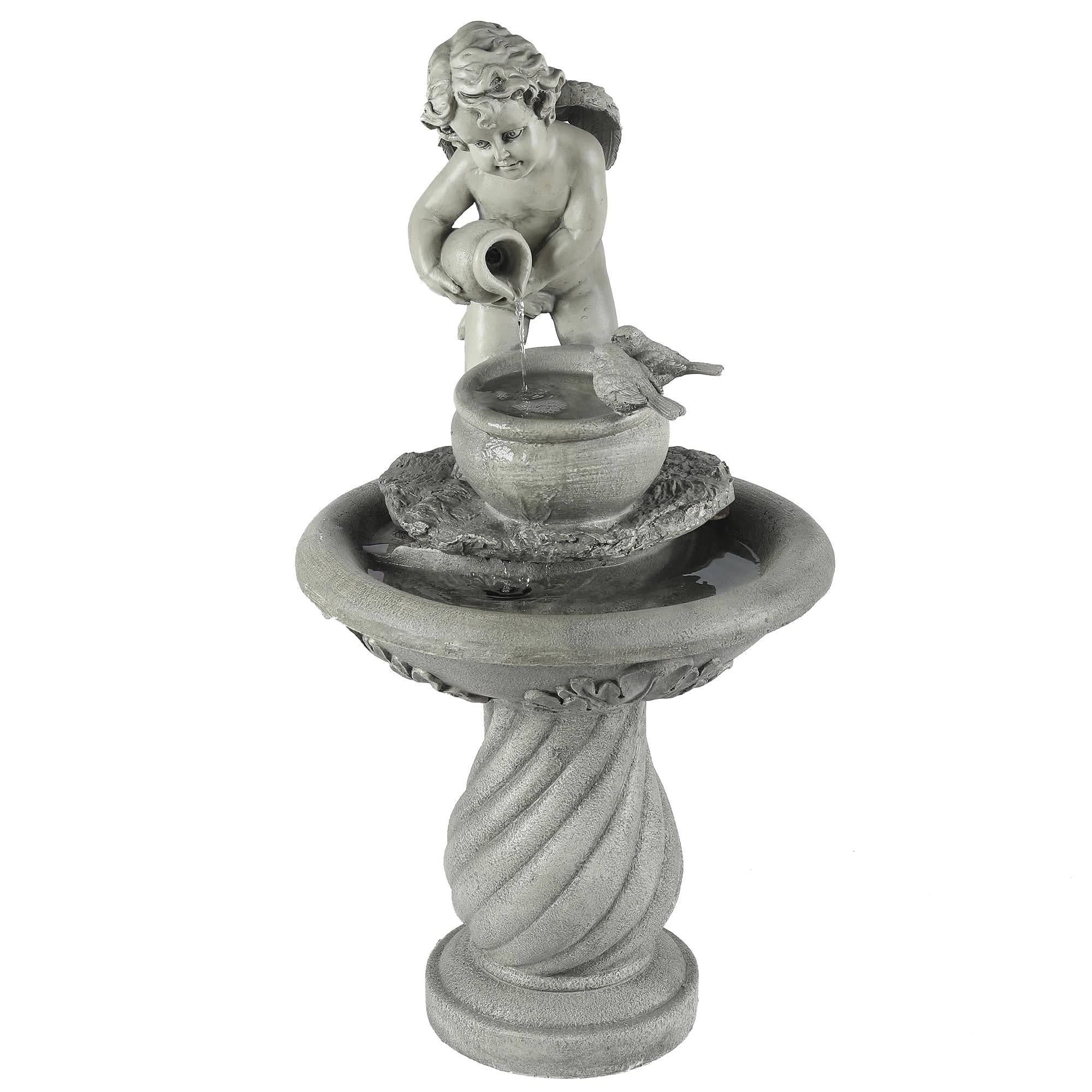 LuxenHome 34 Inch Resin Cherub Angel Water Fountain - Indoor/Outdoor Garden Decor with Birds & Waterfall Feature | Perfect for Backyard, Patio, and Landscape Decoration