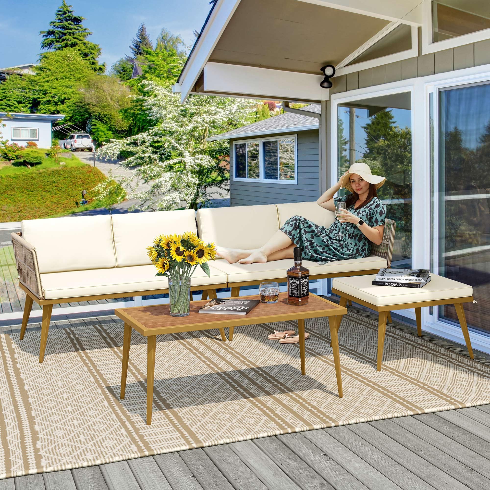 YITAHOME 4-Piece Outdoor Patio Furniture Set - L-Shaped Rattan Woven Sectional Sofa with Cushions & Side Table, Boho Style Detachable Lounger for Backyard, Porch, Garden - Beige | Perfect for Relaxing, Entertaining & Outdoor Gatherings
