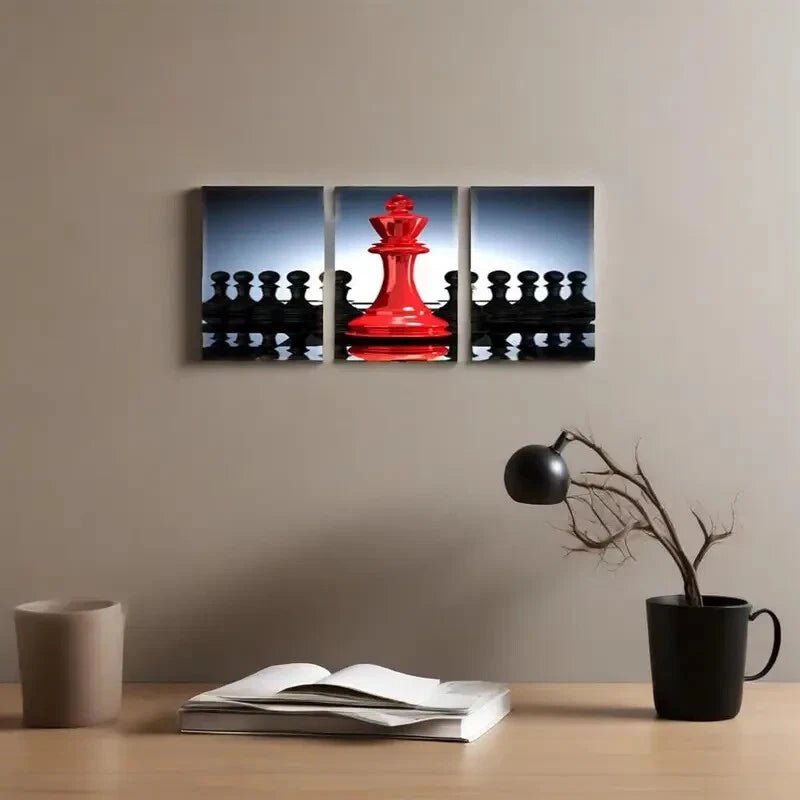 3-Piece Black and Red King & Knight Chess Metal Wall Art - Ready to Hang - Perfect for Game Rooms, Home Office Decor, and Chess Lovers