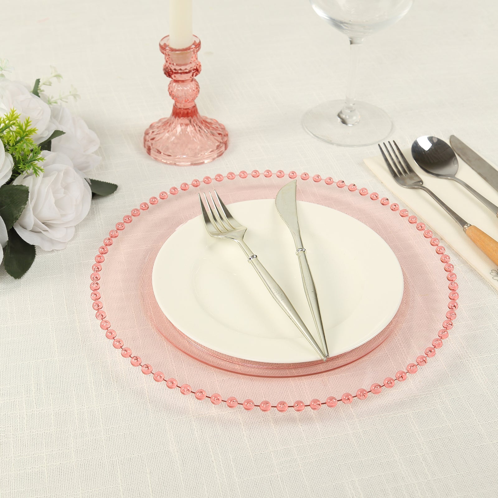 10 Pack Disposable Plastic Dinner Plates - 10 Inch Round Transparent Blush with Beaded Rim - Elegant Party Plates for Weddings, Birthdays & Special Events