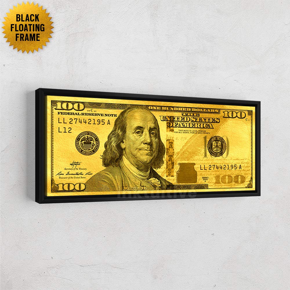 Inktuitive 'Money Press (Gold Standard)' Large Framed Canvas Wall Art - 48x20 Inches High Resolution Print - Inspirational Dollar Design for Bedroom, Office & Living Room Decor | Perfect Motivational Gift for Entrepreneurs & Finance Professionals