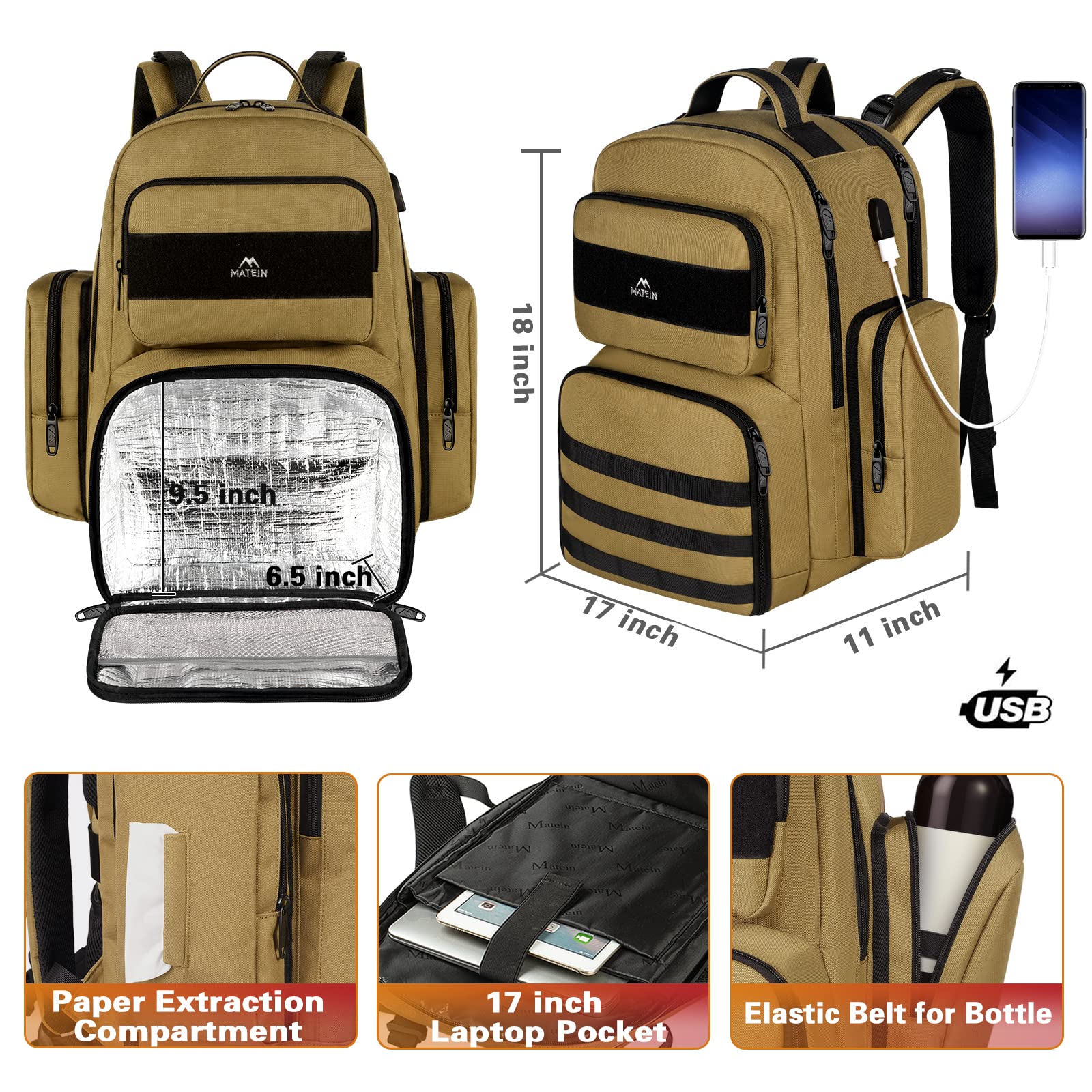 Matein Expandable 17 Inch Travel Laptop Backpack - Extra Large Carry On Backpack with USB Port & Insulated Cooler Compartment | Airplane Approved Weekender Bag for Men | Perfect for Business Trips, Commuting & Outdoor Adventures