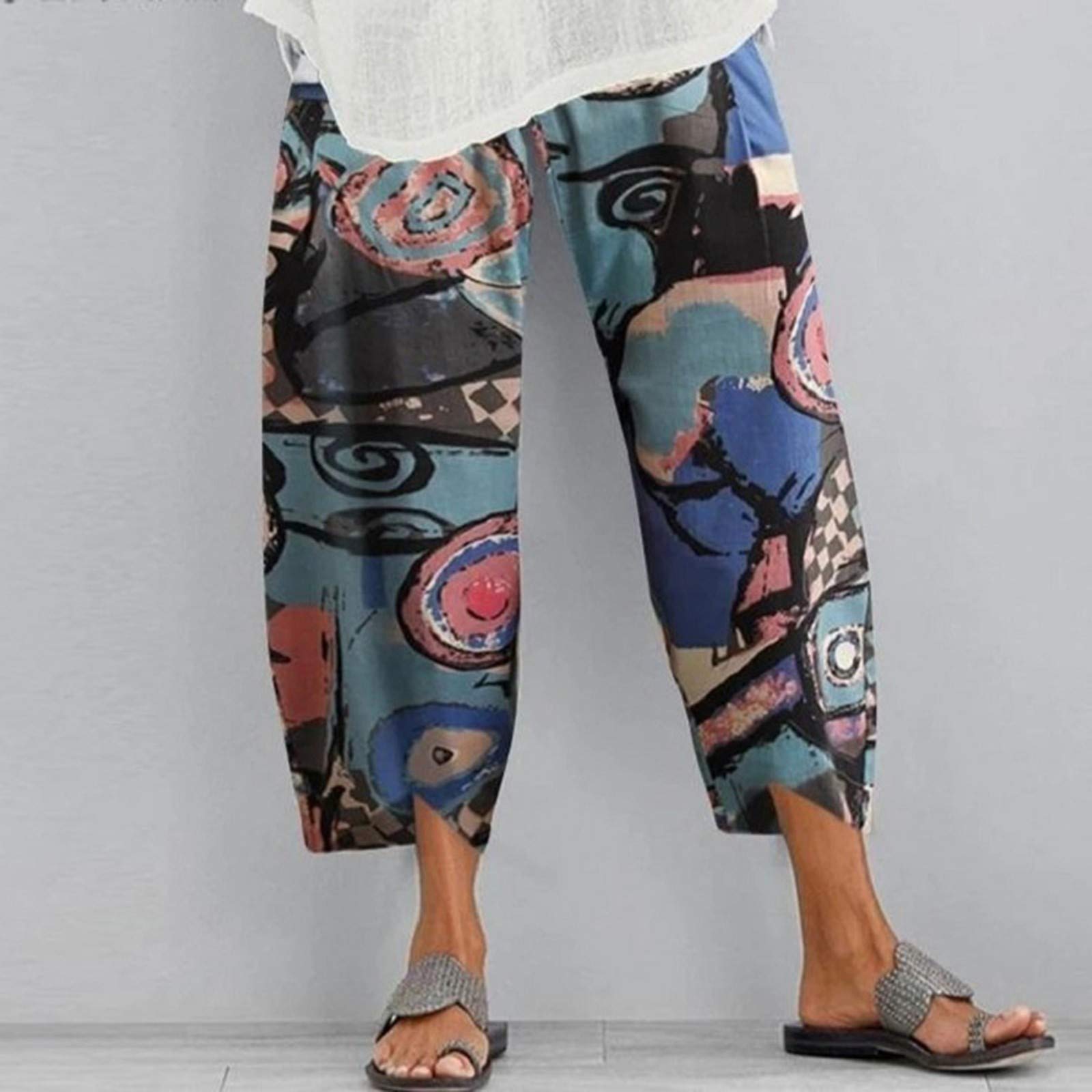Vintage Women's Wide Leg Pants - Cotton Linen Harem Pants with Elastic Waist | Summer Casual Lightweight Baggy Trousers for Beach, Yoga & Lounge Wear