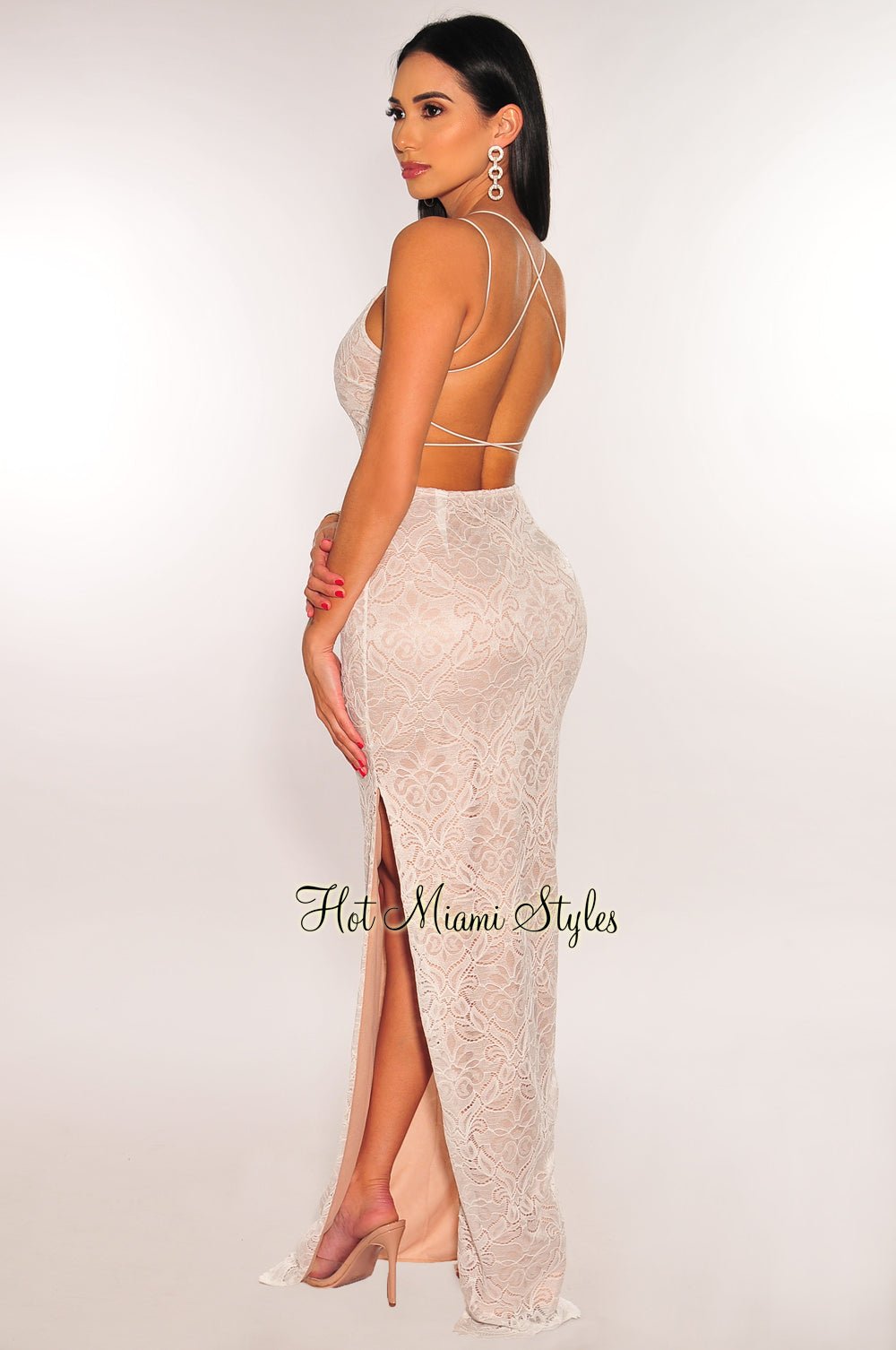 Elegant White Floral Lace Maxi Dress with Criss-Cross Back & Thigh Slit - Perfect for Weddings, Parties & Summer Vacations