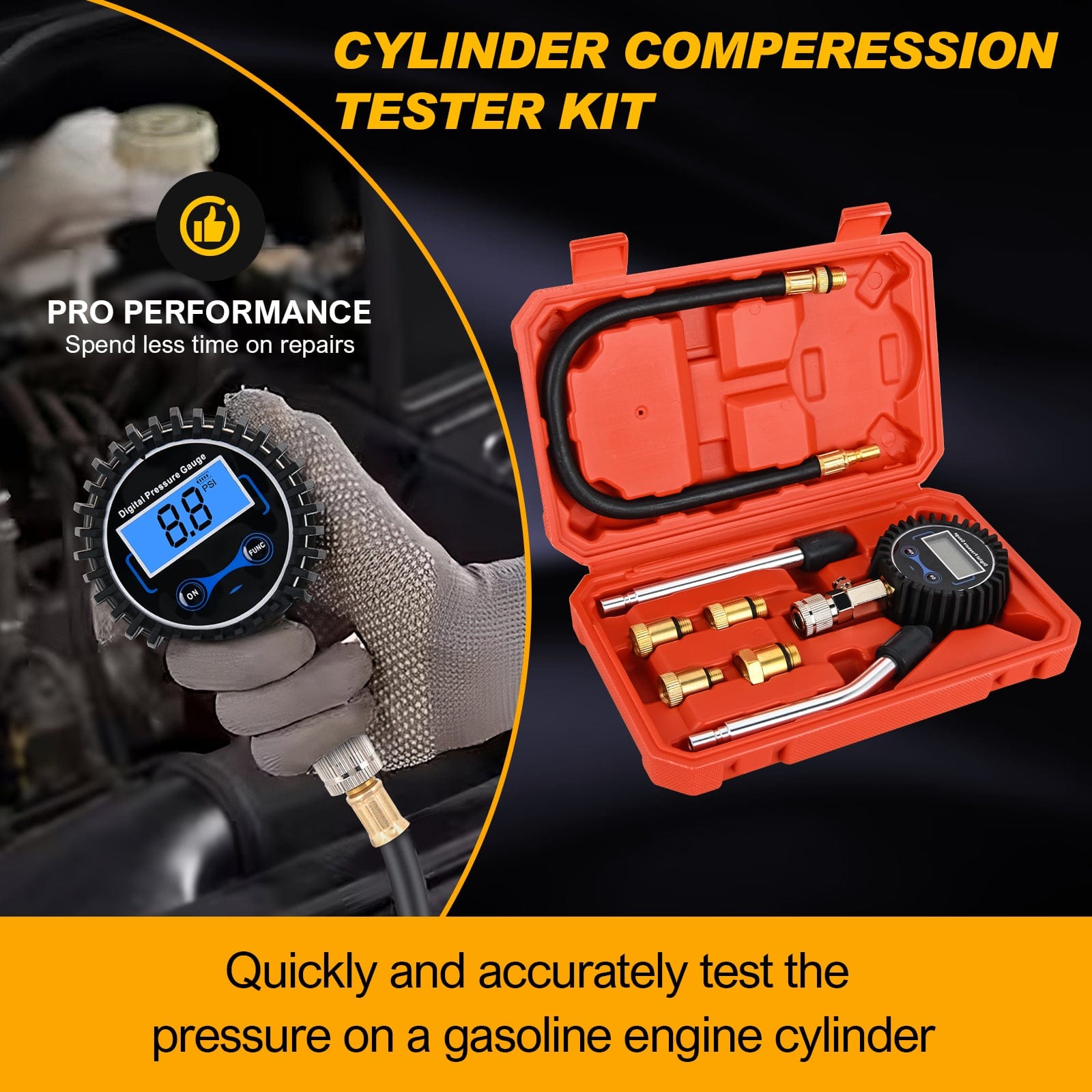 8-Piece Digital Compression Tester Kit - Professional Engine Diagnostic Tool for Cars, Motorcycles & Small Engines - Perfect for Mechanics & DIY Auto Repair