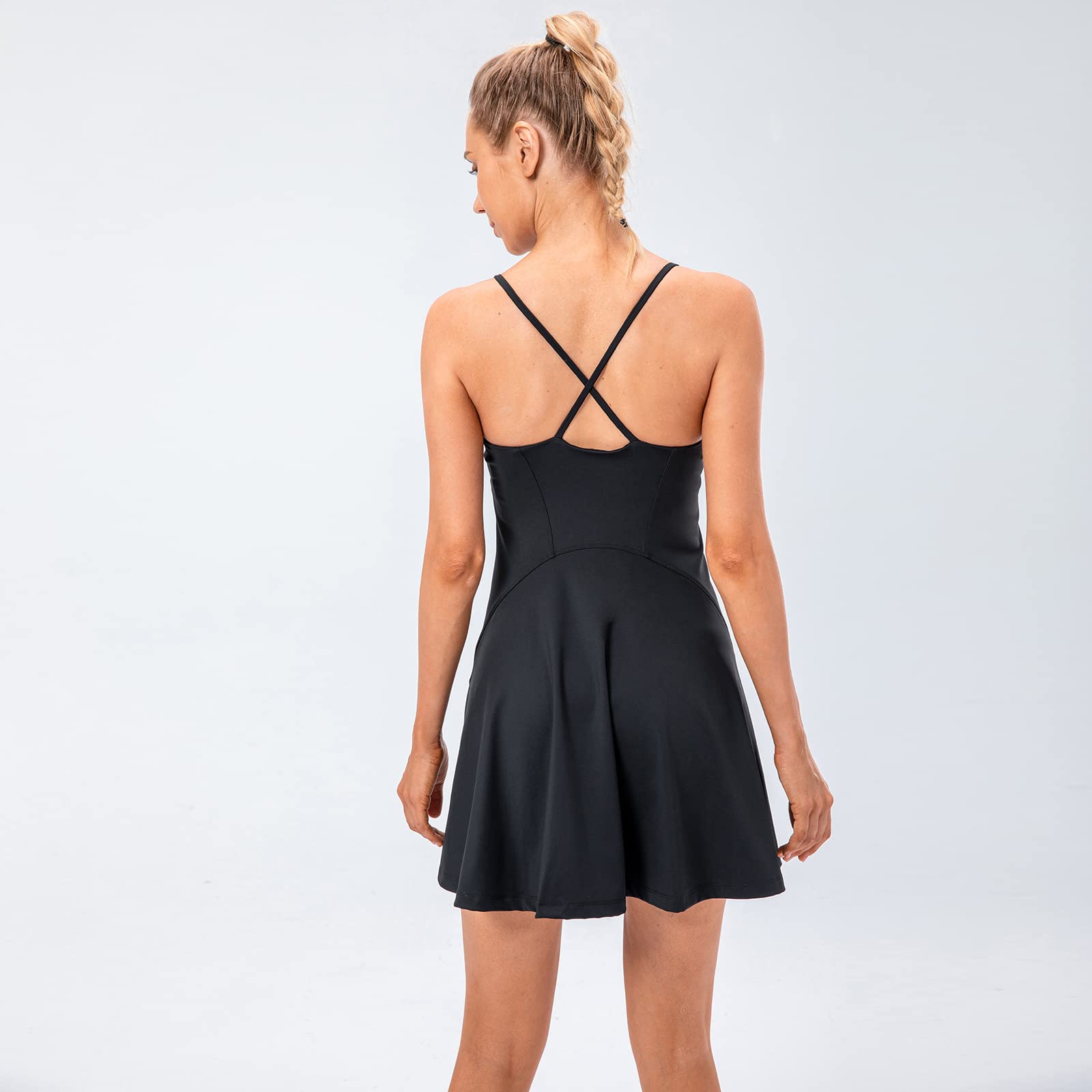 Women's Tennis Dress with Built-in Biker Shorts - 4 Pockets, High Waisted, Spaghetti Straps - Summer Athletic Dress for Golf, Sports & Workouts - Black X-Small - Perfect for Tennis Matches, Gym Sessions & Outdoor Activities