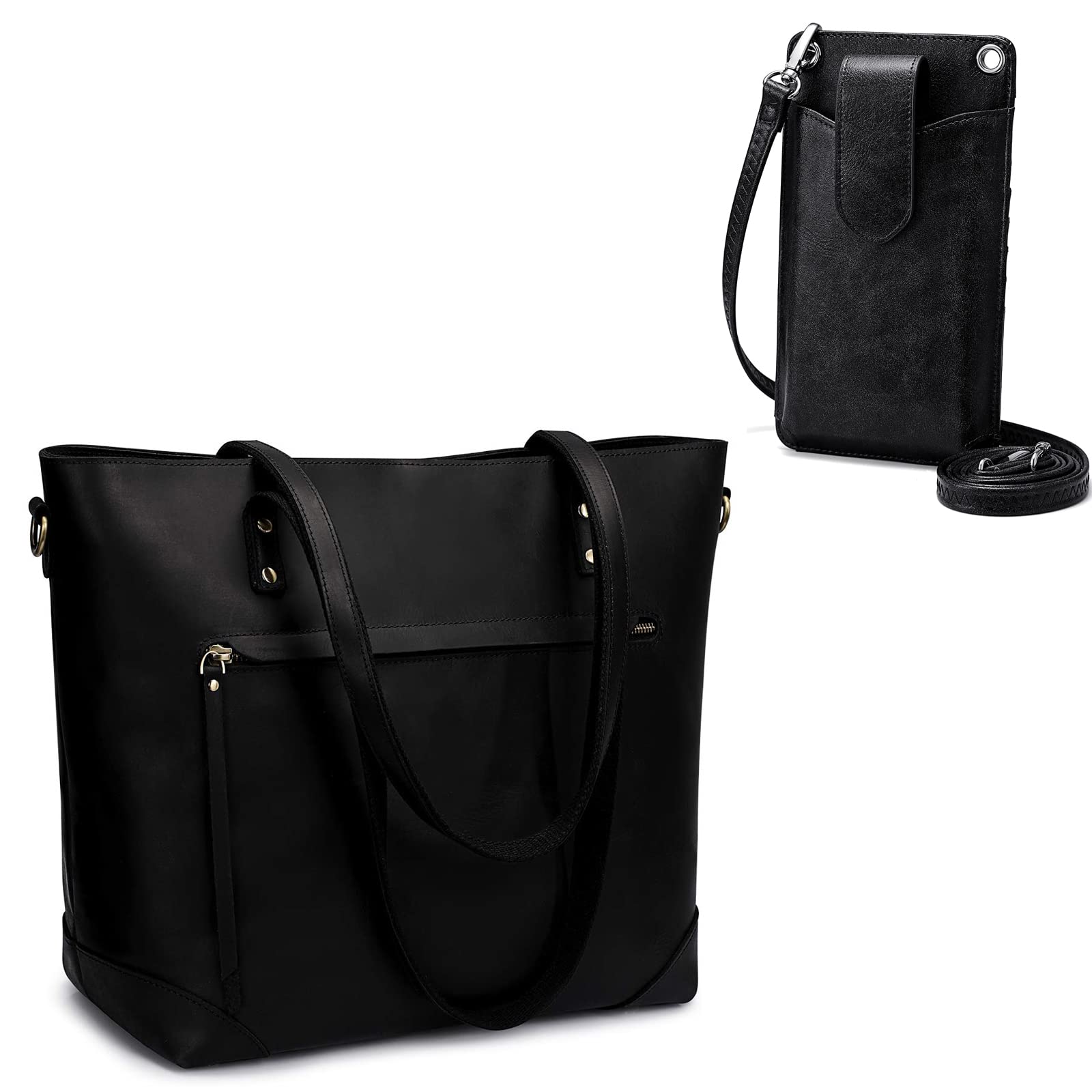 Vintage Genuine Leather Work Tote Bag for Women with Back Zipper Pocket - Large Capacity Professional Laptop Bag with RFID Blocking Crossbody Purse & Wallet Set - Perfect for Office, Business Travel & Daily Commute