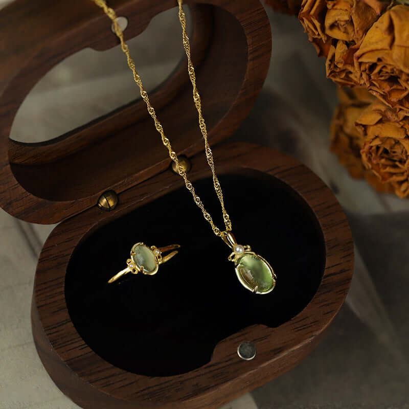 Natural Green Fluorite Gemstone Ring & Necklace Set | Healing Crystal Jewelry for Meditation & Energy Balance | GZ344