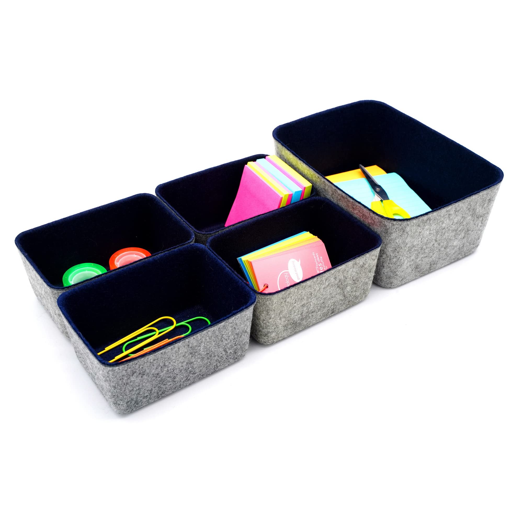 Welaxy Office Drawer Organizers - 5 Pack Deep Felt Storage Bins & Drawer Dividers for Desk, Home, or Office Organization (Navy Blue) - Perfect for Organizing Pens, Paper Clips, and Office Supplies
