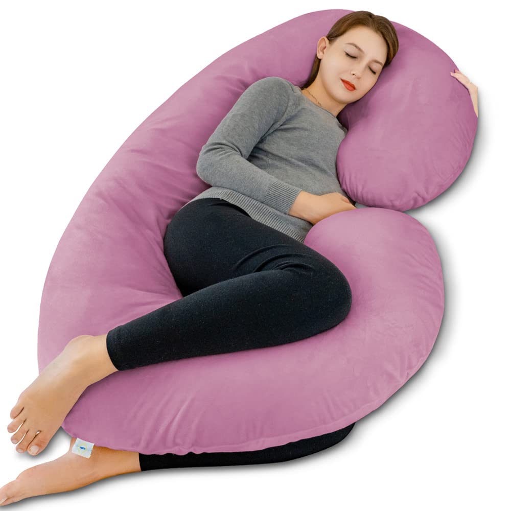 **INSEN C-Shaped Pregnancy Pillow for Sleeping - Maternity Body Pillow with Velvet Cover for Pregnant Women (Pink & Purple) - Support for Back, Hips & Belly During Pregnancy, Perfect for Side Sleepers**